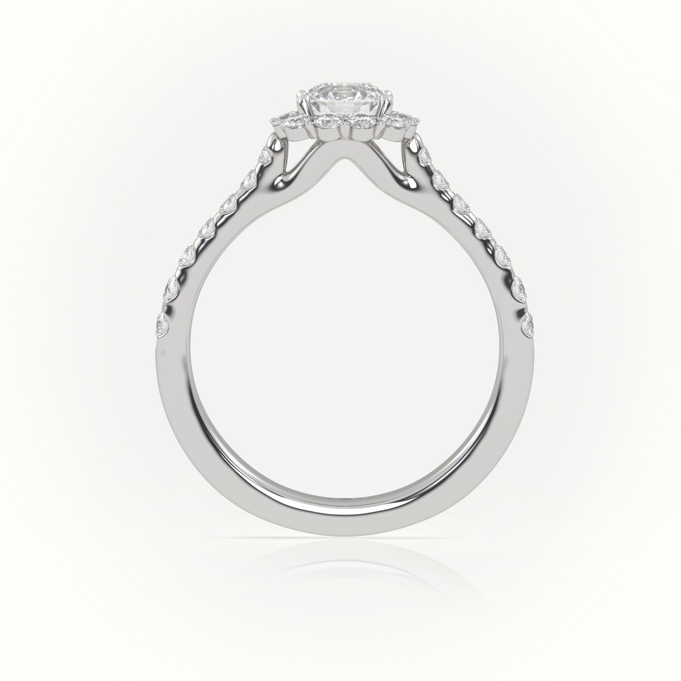 10K WHITE GOLD ROUND-CUT DIAMOND 4 PRONGS HALO SCALLOP SETTING ENGAGEMENT RING