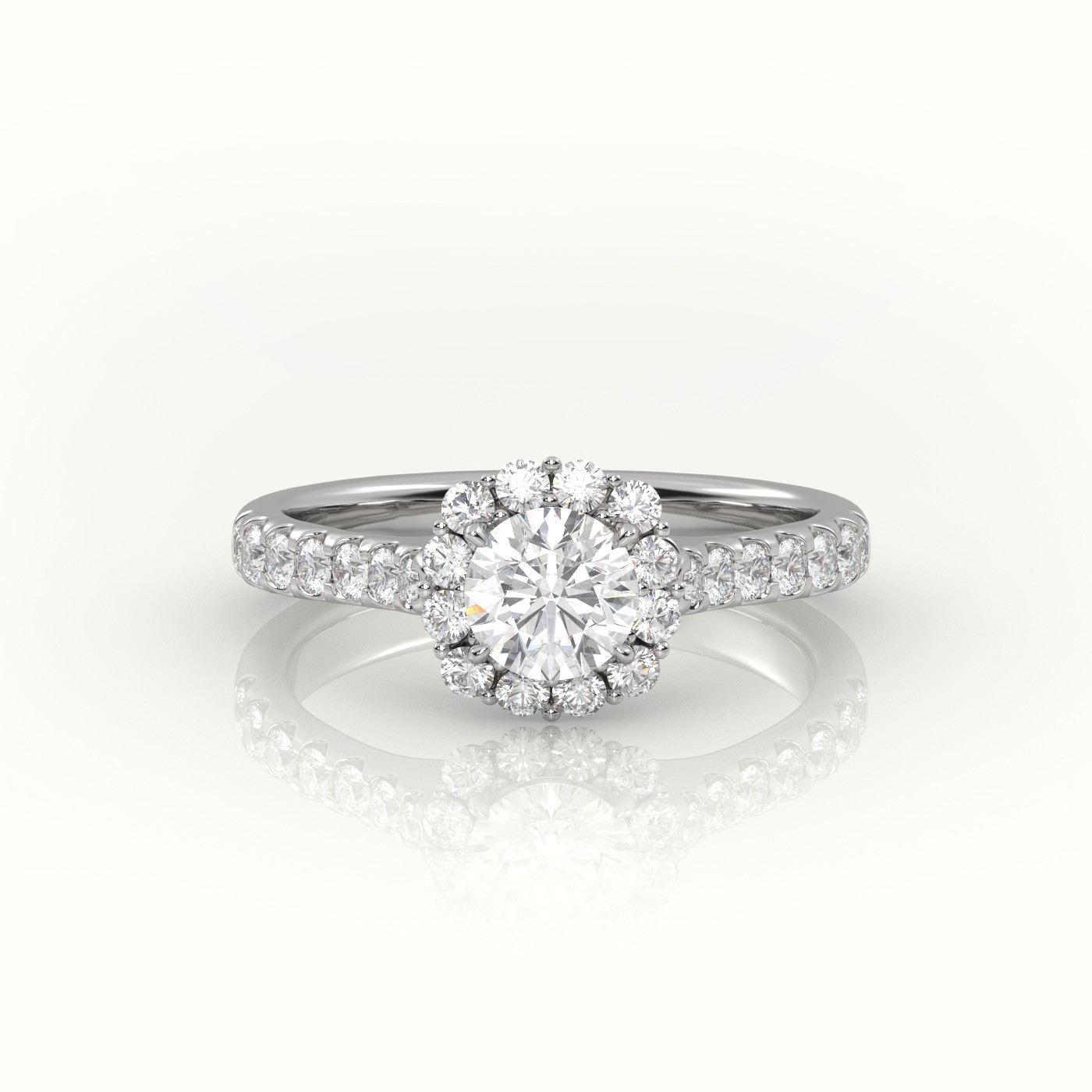 10K WHITE GOLD ROUND-CUT DIAMOND 4 PRONGS HALO SCALLOP SETTING ENGAGEMENT RING