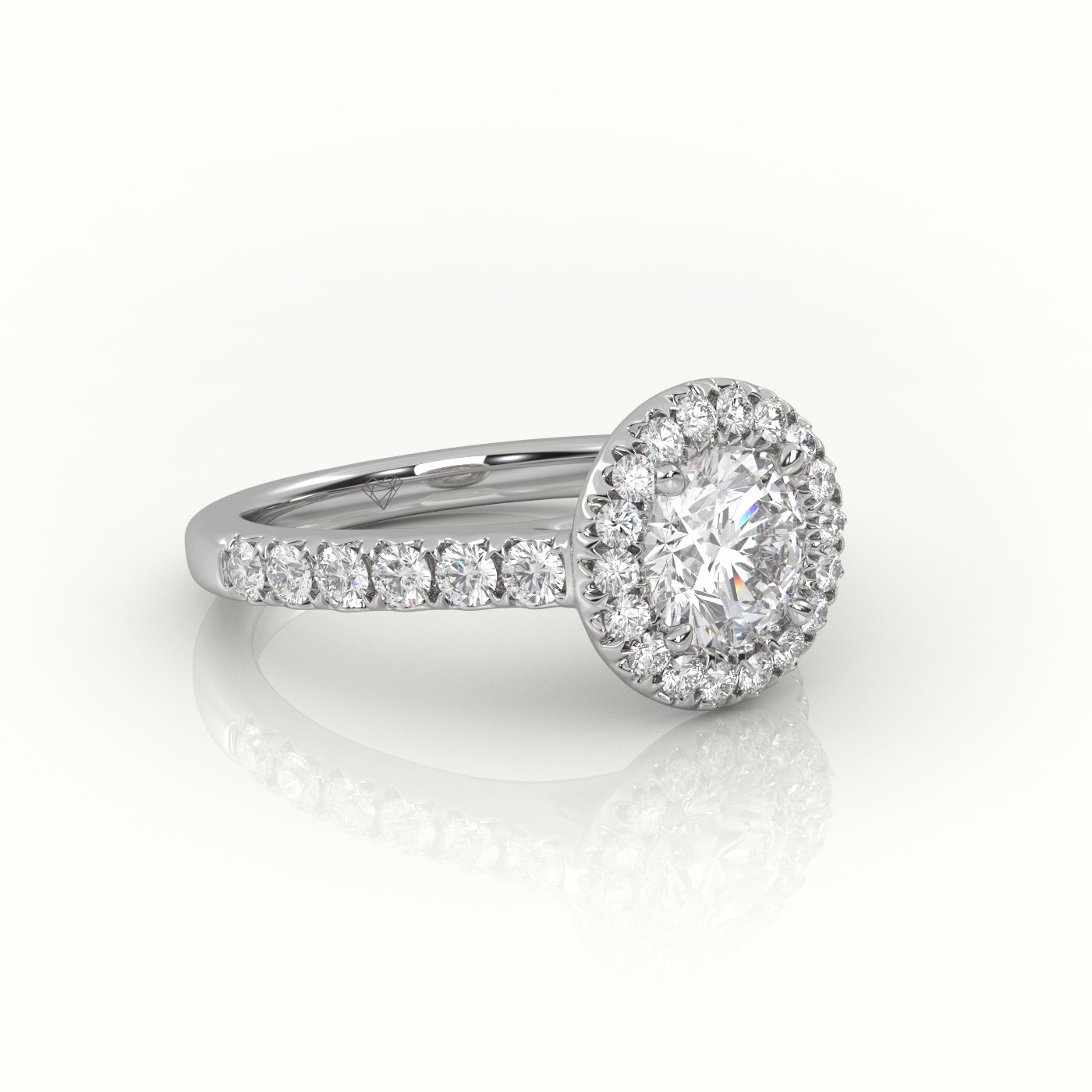 10K WHITE GOLD ROUND-CUT-DIAMOND 4 PRONGS HALO SCALLOP SETTING ENGAGEMENT RING