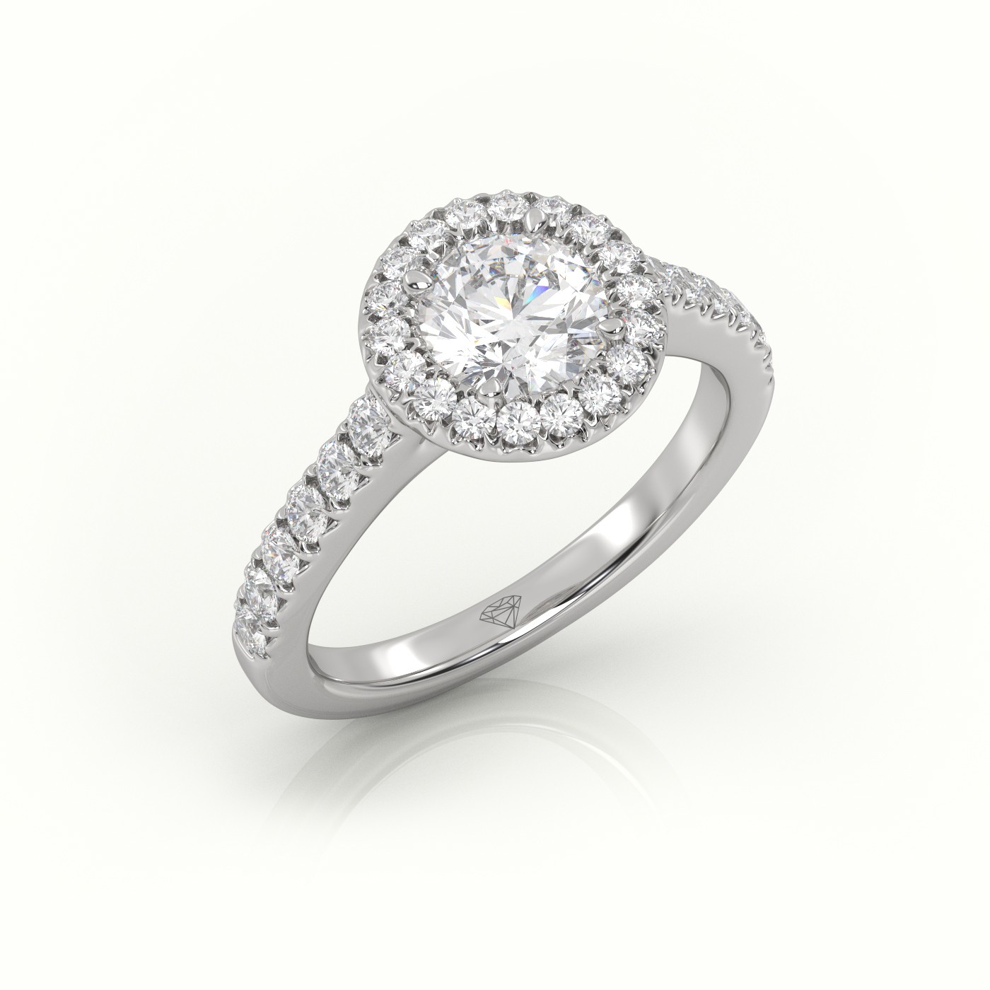 10K WHITE GOLD ROUND-CUT-DIAMOND 4 PRONGS HALO SCALLOP SETTING ENGAGEMENT RING