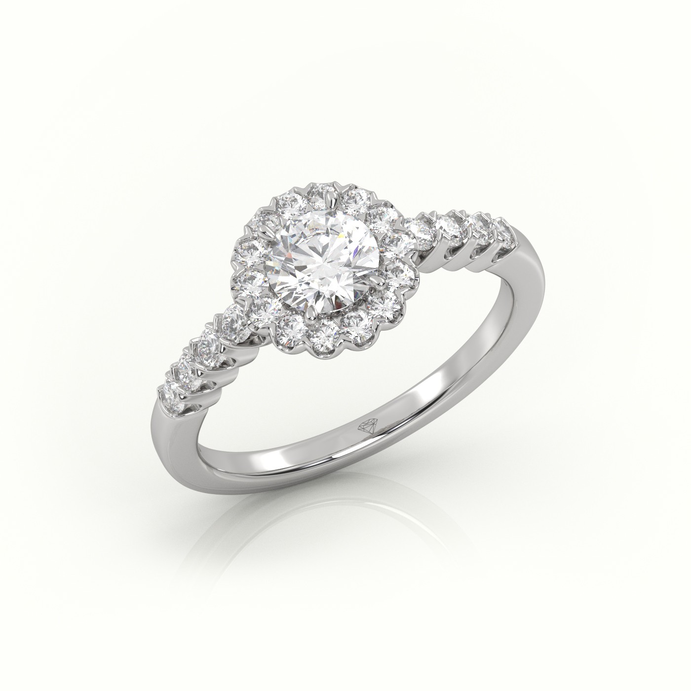 10K WHITE GOLD ROUND CUT DIAMOND 4 PRONGS FLORAL HALO SCALLOP SETTING ENGAGEMENT RING