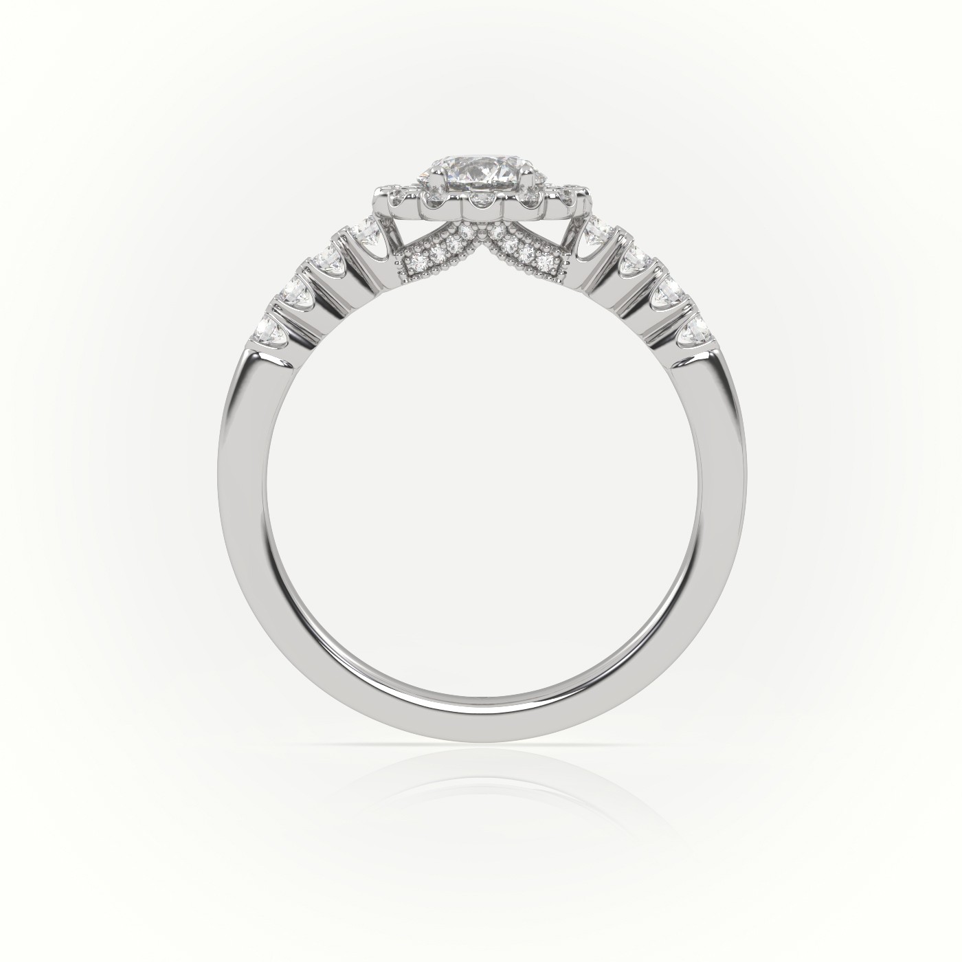 10K WHITE GOLD ROUND CUT DIAMOND 4 PRONGS FLORAL HALO SCALLOP SETTING ENGAGEMENT RING