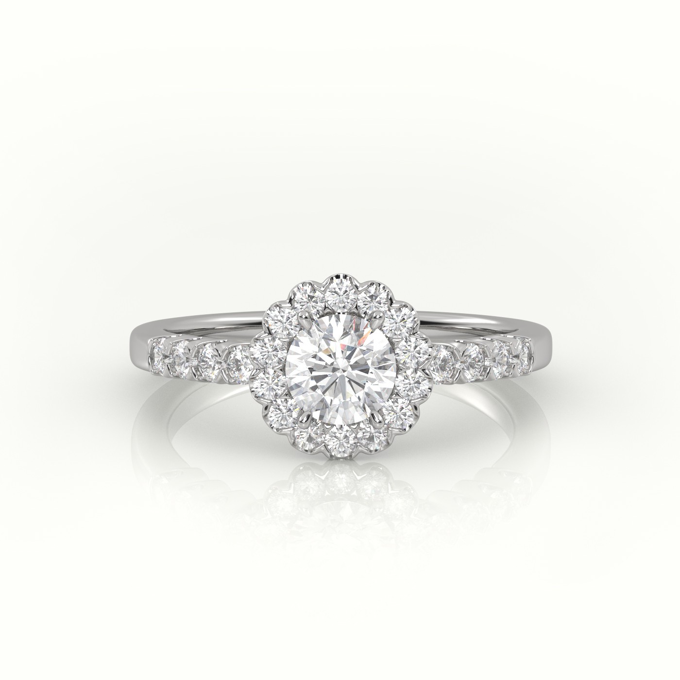 10K WHITE GOLD ROUND CUT DIAMOND 4 PRONGS FLORAL HALO SCALLOP SETTING ENGAGEMENT RING