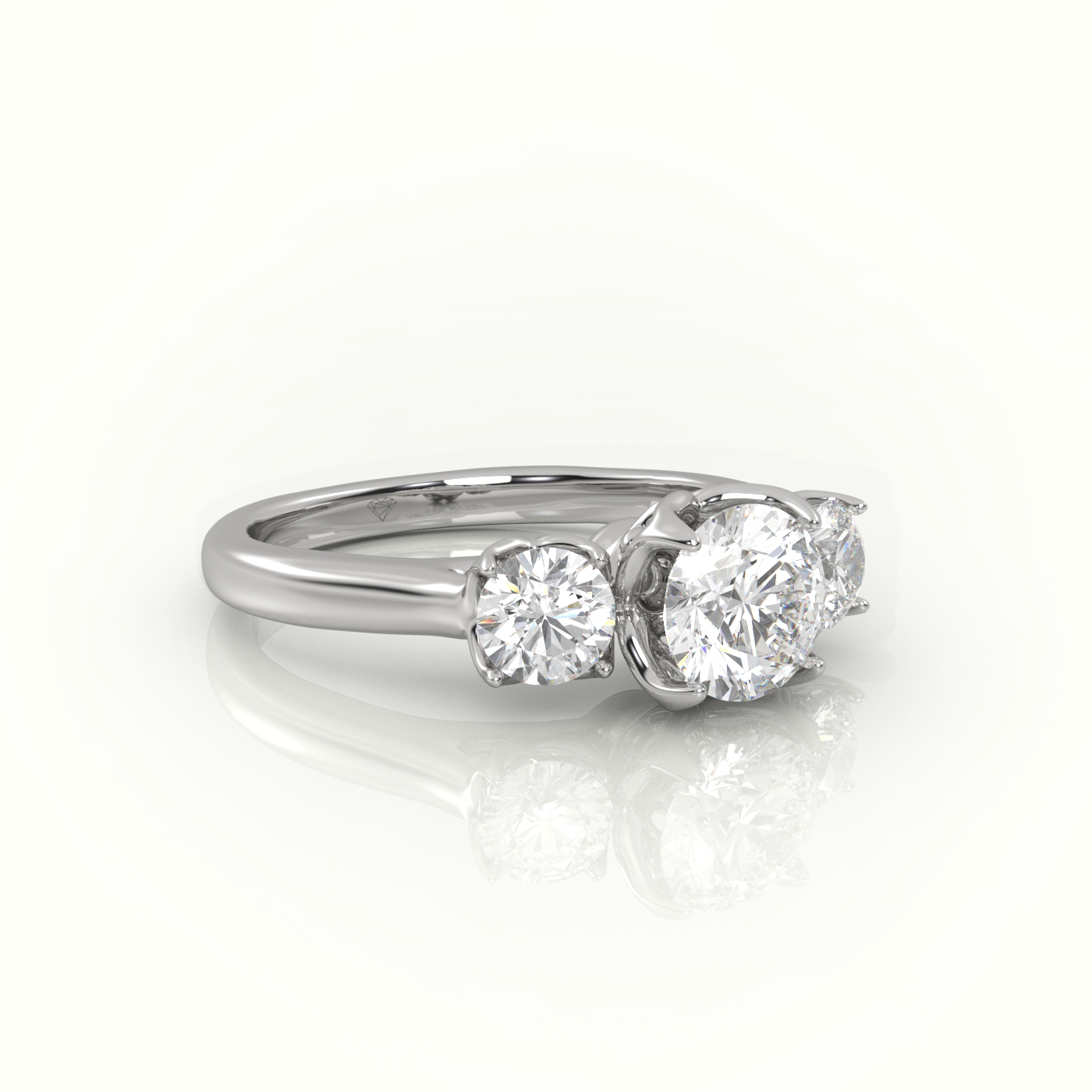 18K WHITE GOLD ROUND-CUT DIAMOND 4 PRONGS SIDE STONE ENGAGEMENT RING