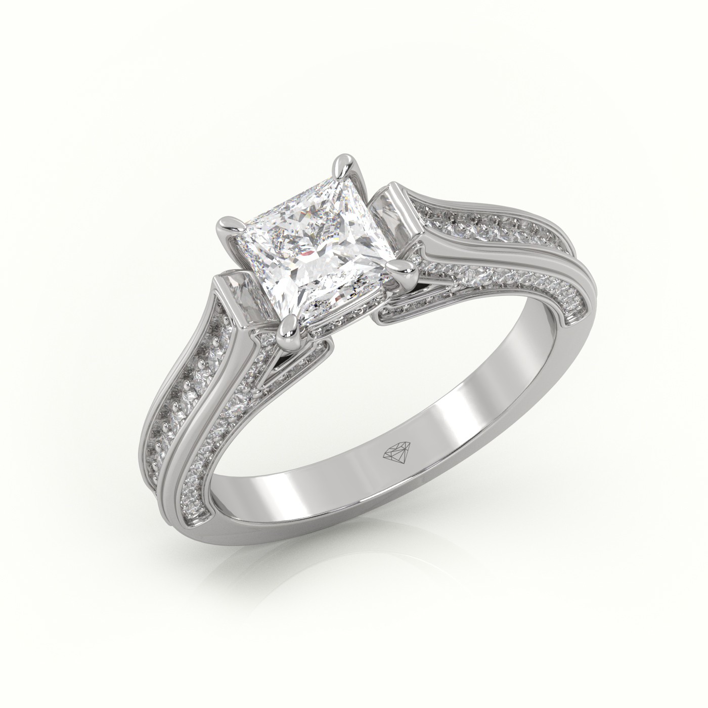 10K WHITE GOLD PRINCESS-CUT DIAMOND 4 PRONGS CHANNEL SETTING ENGAGEMENT RING