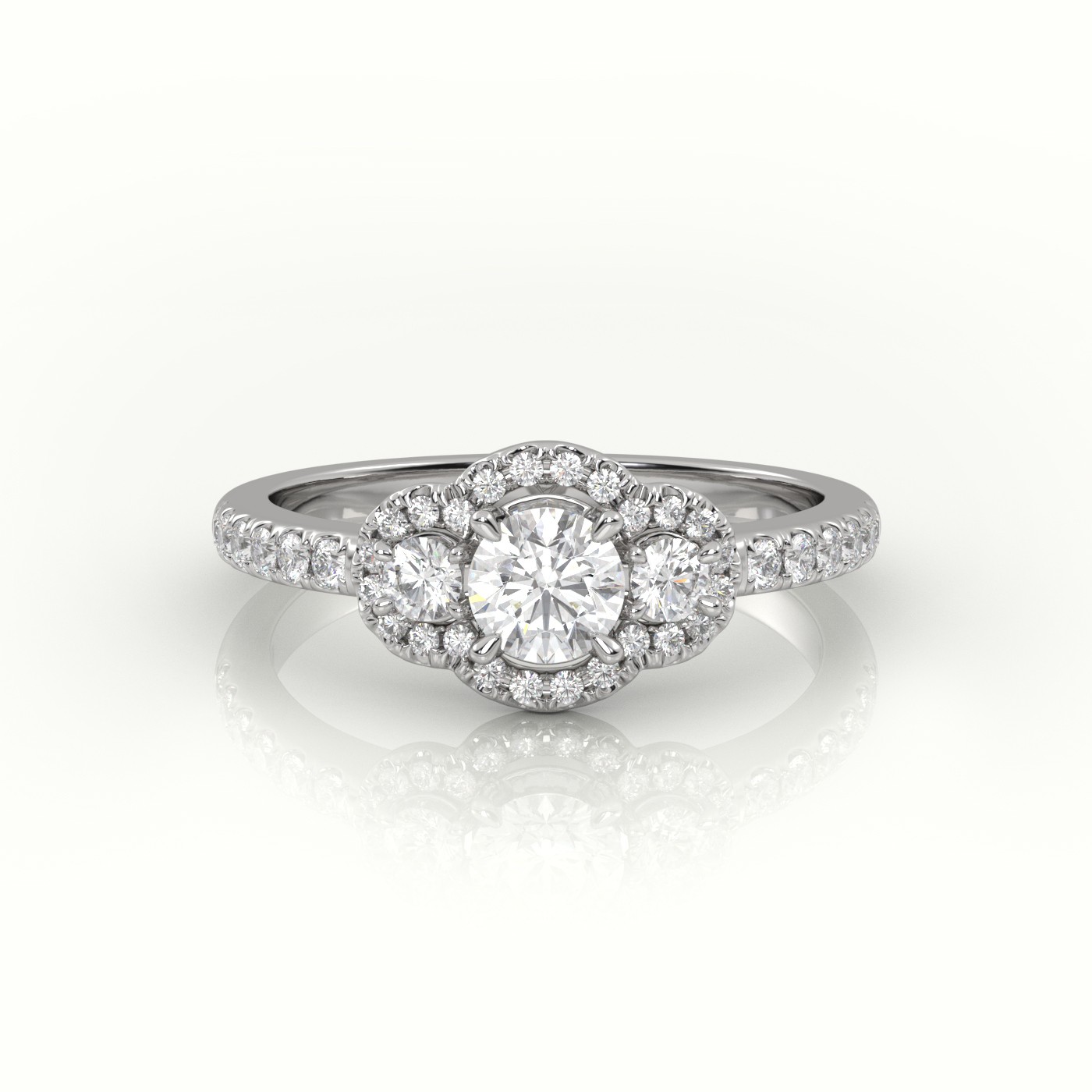 10K WHITE GOLD ROUND-CUT DIAMOND SIDE STONE DESIGNER ENGAGEMENT RING