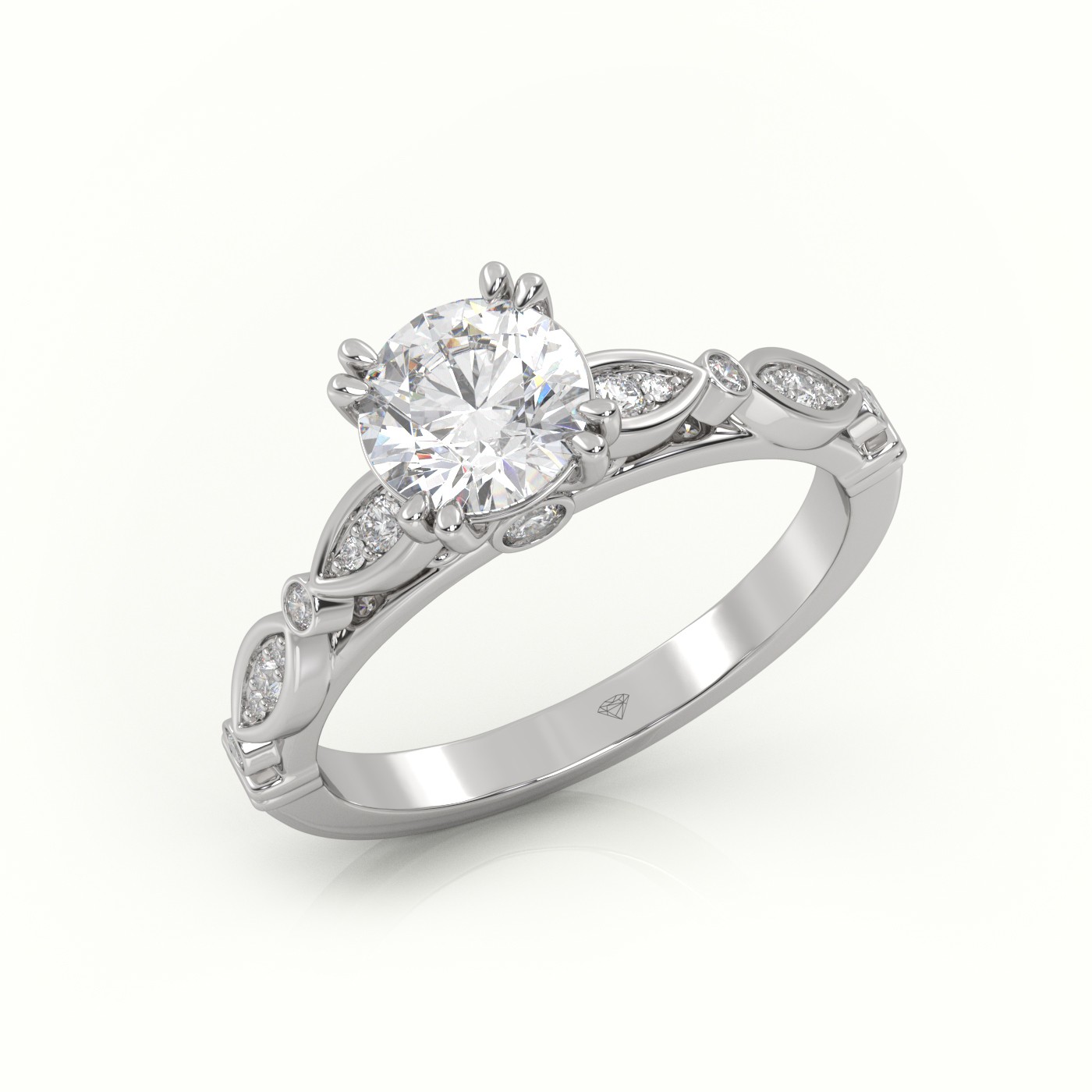 10K WHITE GOLD ROUND CUT DIAMOND 8 PRONGS DESIGNER VINTAGE ENGAGEMENT RING