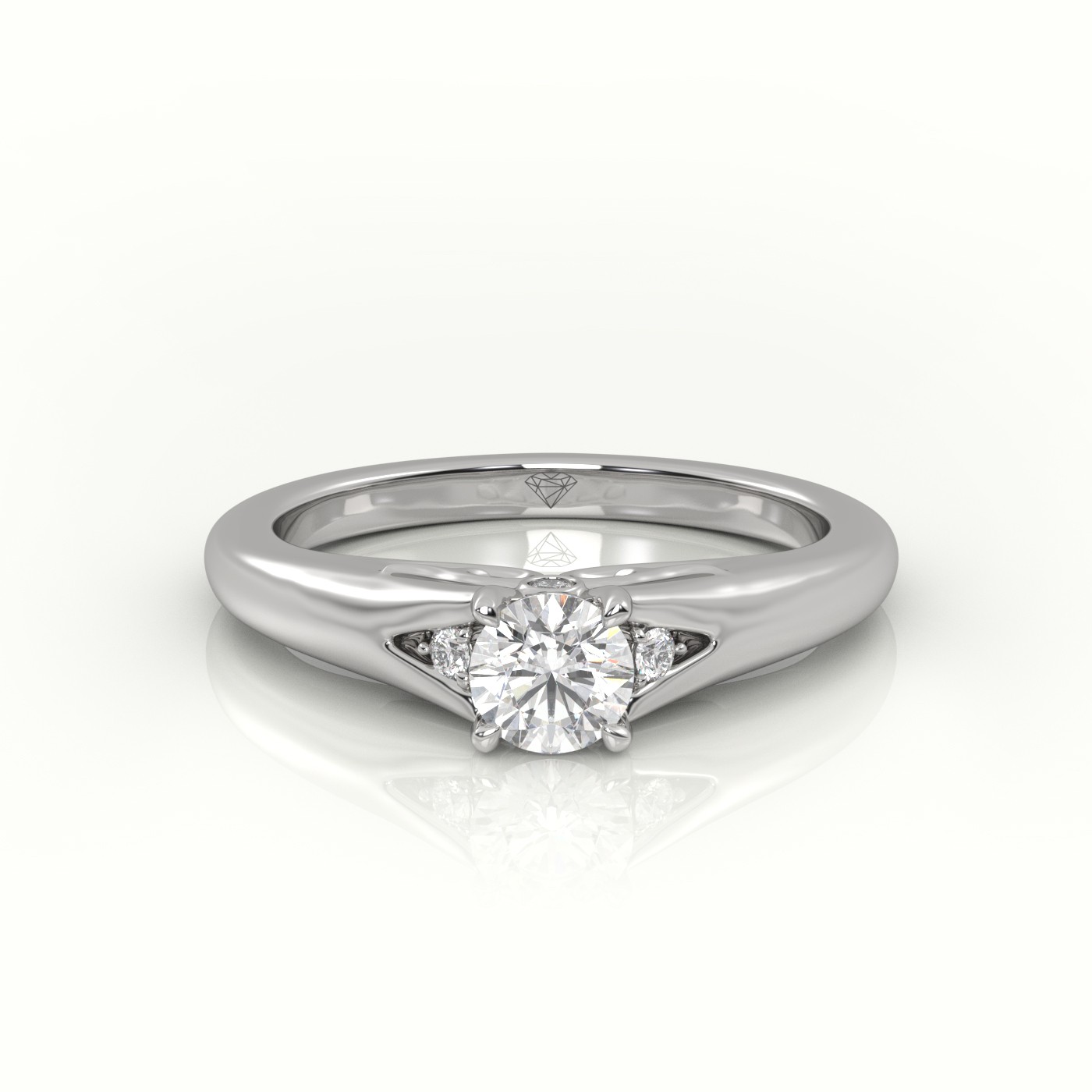 10K WHITE GOLD ROUND-CUT  DIAMOND 4 PRONGS SIDE-STONE DESIGNER ENGAGEMENT RING