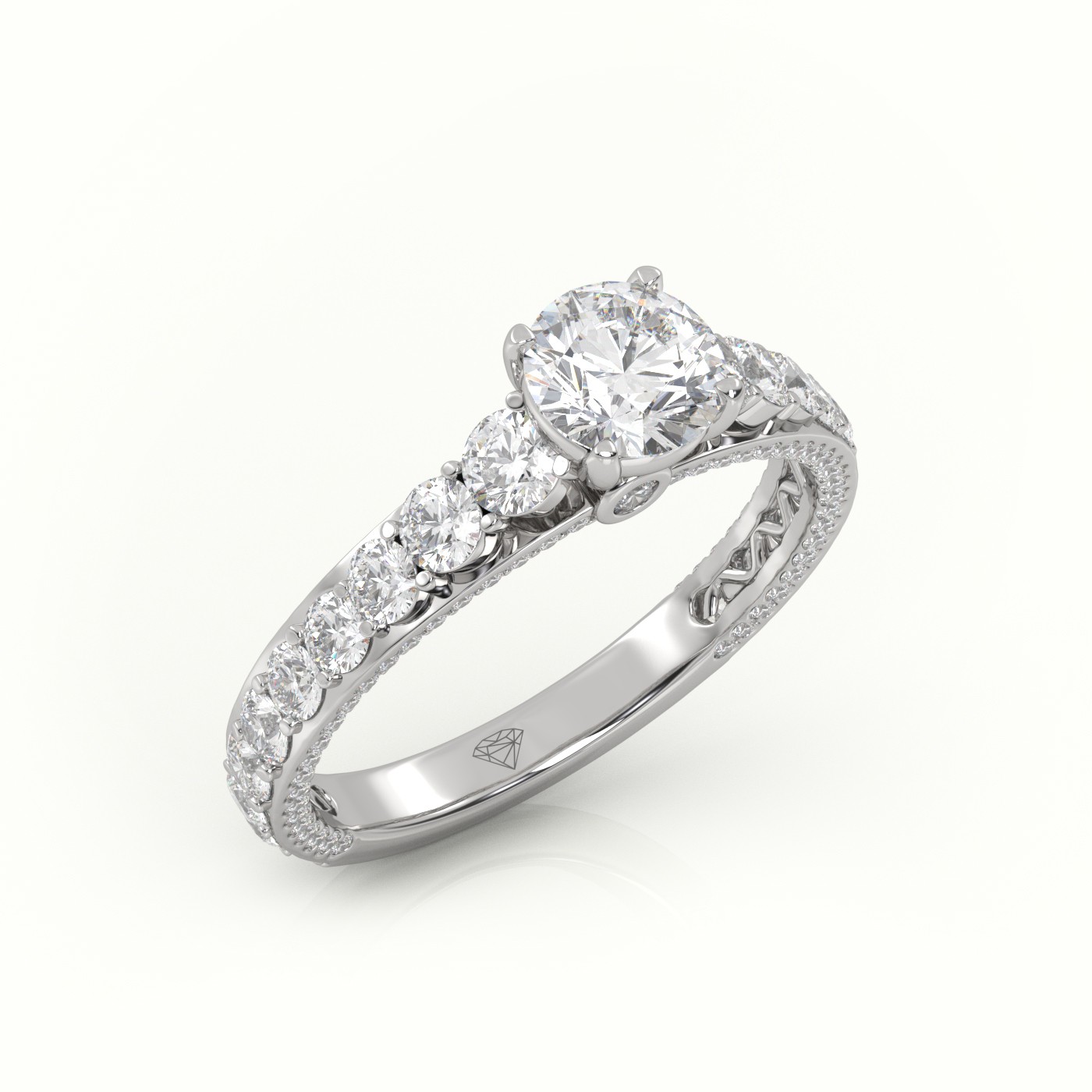 10K WHITE GOLD ROUND CUT DIAMOND 4 PRONGS PAVE SETTING ENGAGEMENT RING