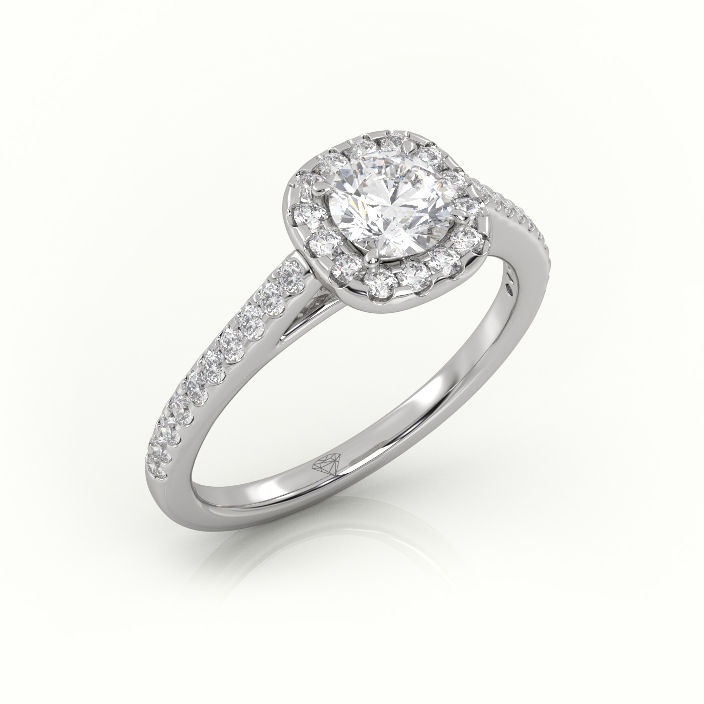 10K WHITE GOLD ROUND CUT DIAMOND 4 PRONGS HALO SCALLOP SETTING ENGAGEMENT RING