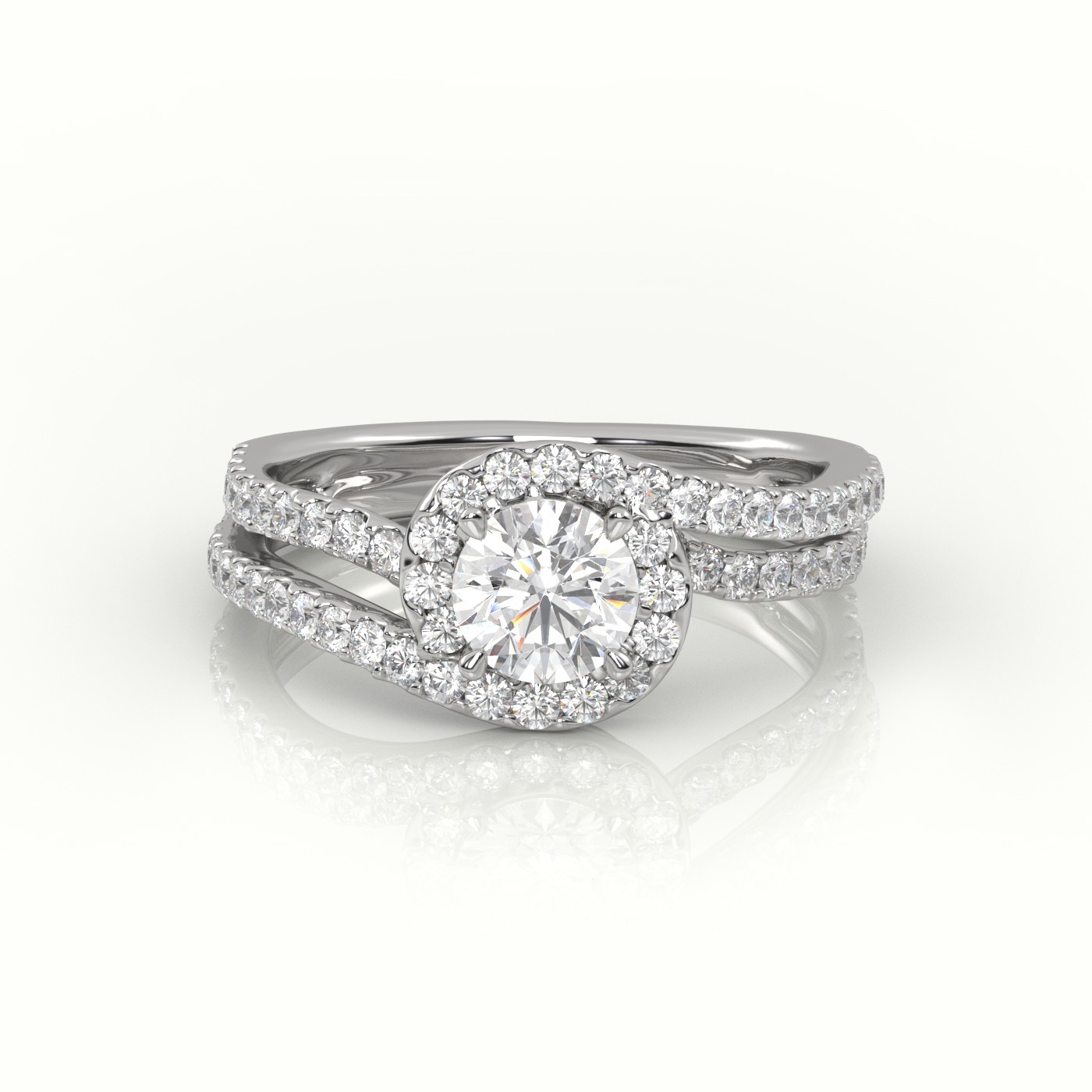 10K WHITE GOLD ROUND CUT DIAMOND 4 PRONGS DOUBLE SWIRL DESIGNER ENGAGEMENT RING