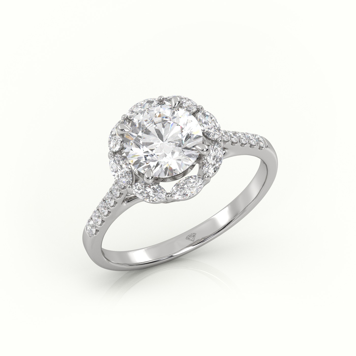 10K WHITE GOLD ROUND CUT DIAMOND 4 PRONGS HALO PAVE SETTING ENGAGEMENT RING