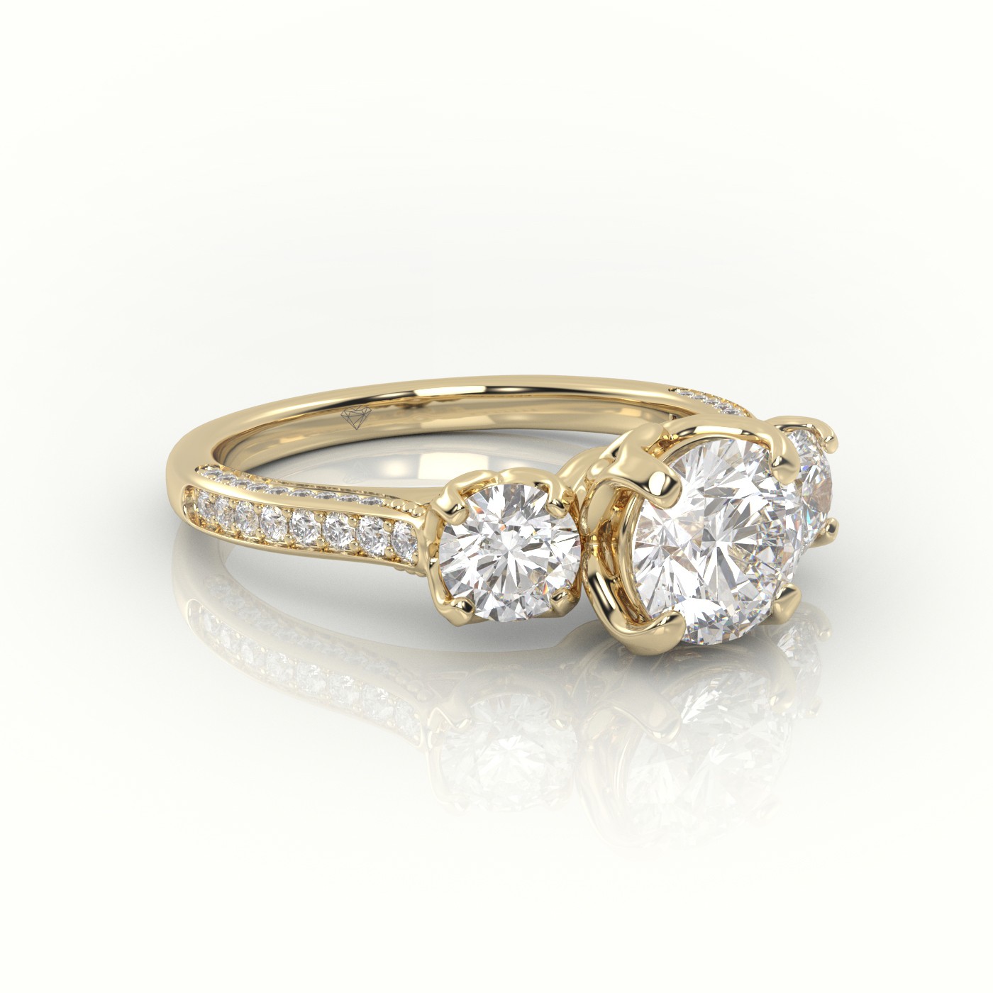 18K YELLOW GOLD ROUND-CUT DIAMOND SIDE STONE PAVE SETTING ENGAGEMENT RING