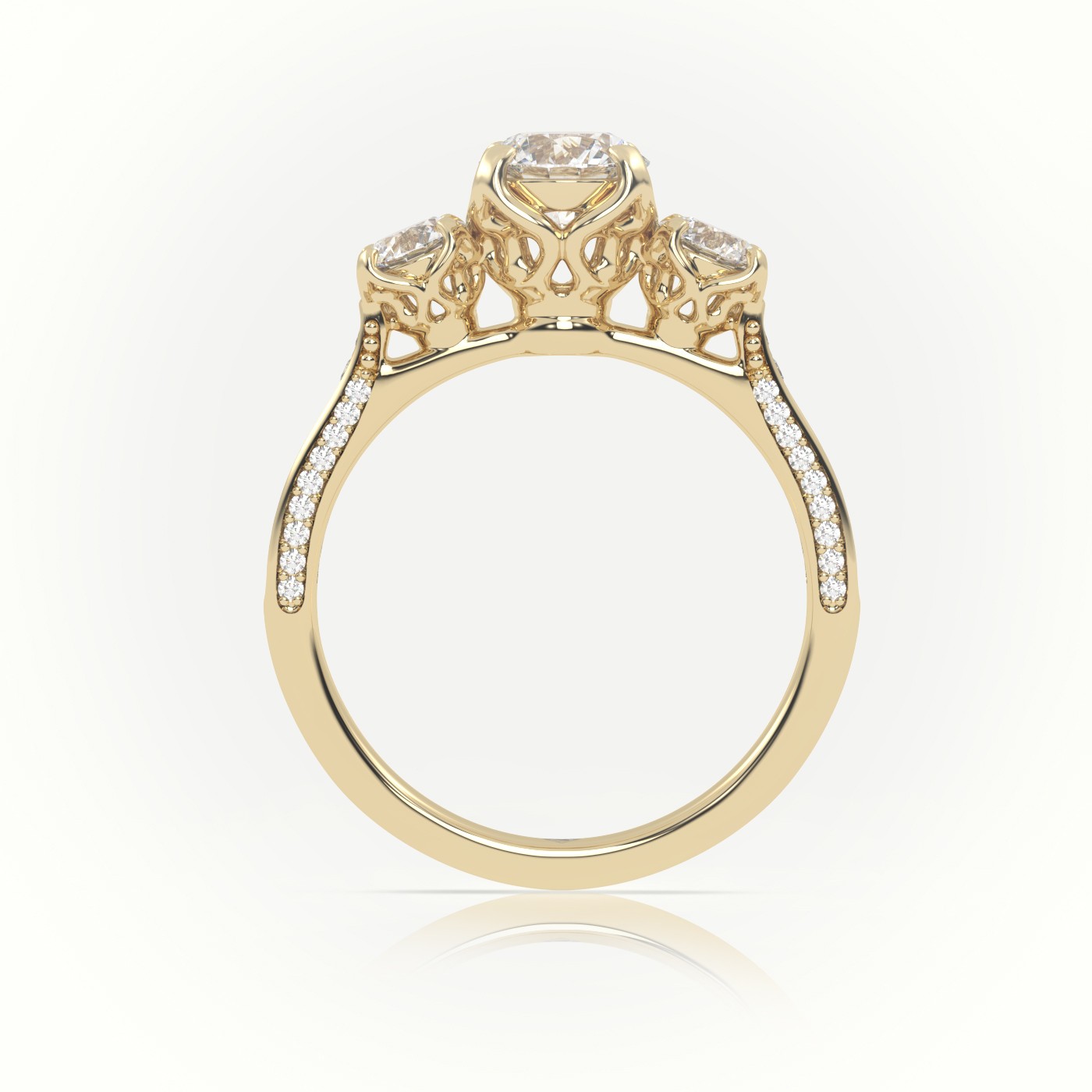 18K YELLOW GOLD ROUND-CUT DIAMOND SIDE STONE PAVE SETTING ENGAGEMENT RING