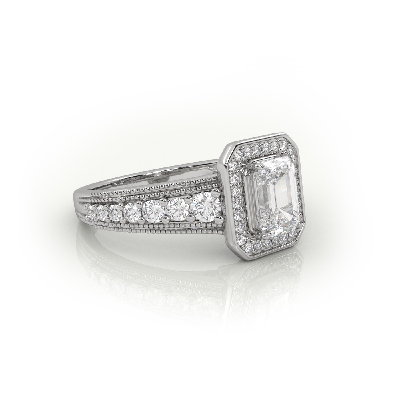 10K WHITE GOLD EMERALD CUT 4 PRONGS MILGRAIN SET DESIGNER ENGAGEMENT RING