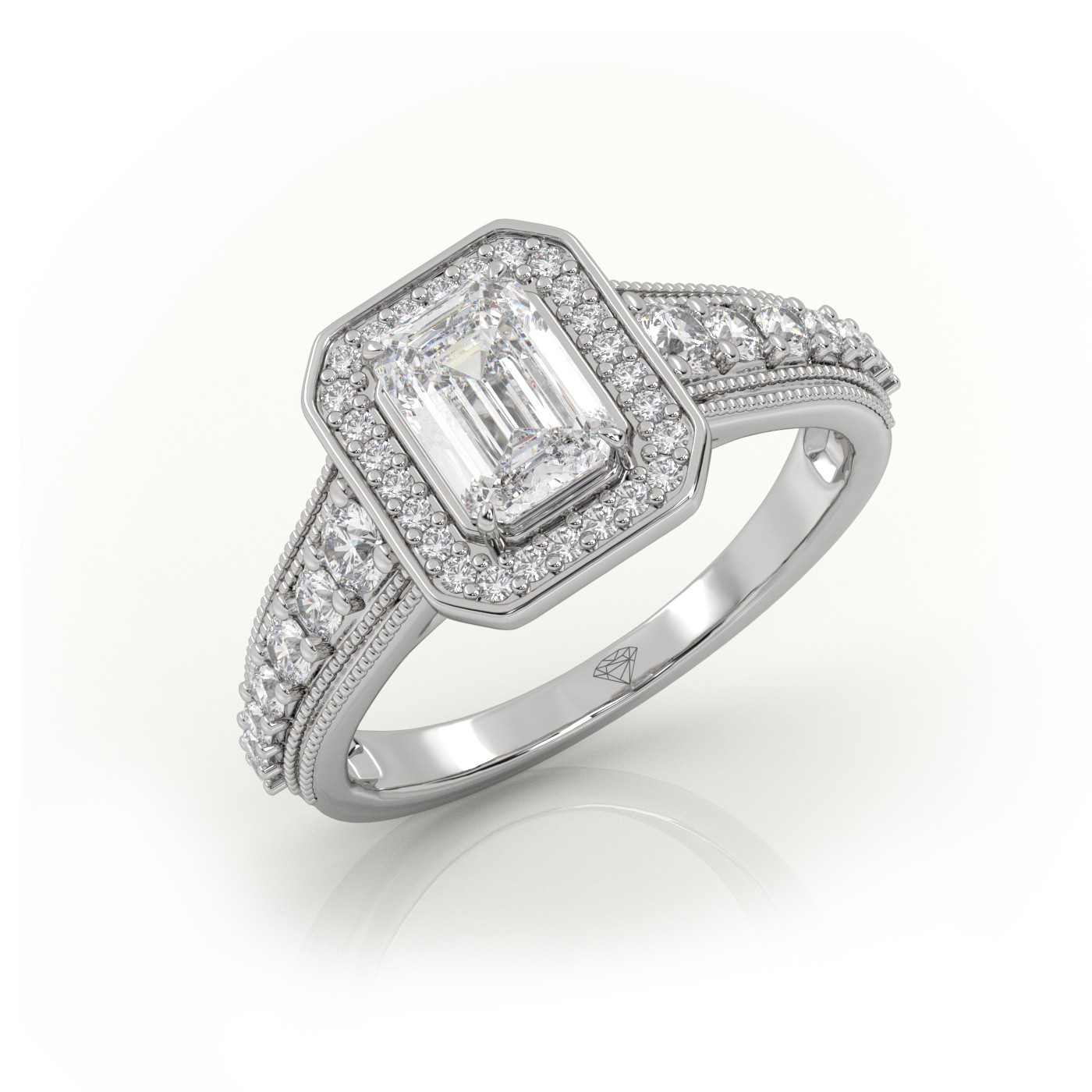10K WHITE GOLD EMERALD CUT 4 PRONGS MILGRAIN SET DESIGNER ENGAGEMENT RING