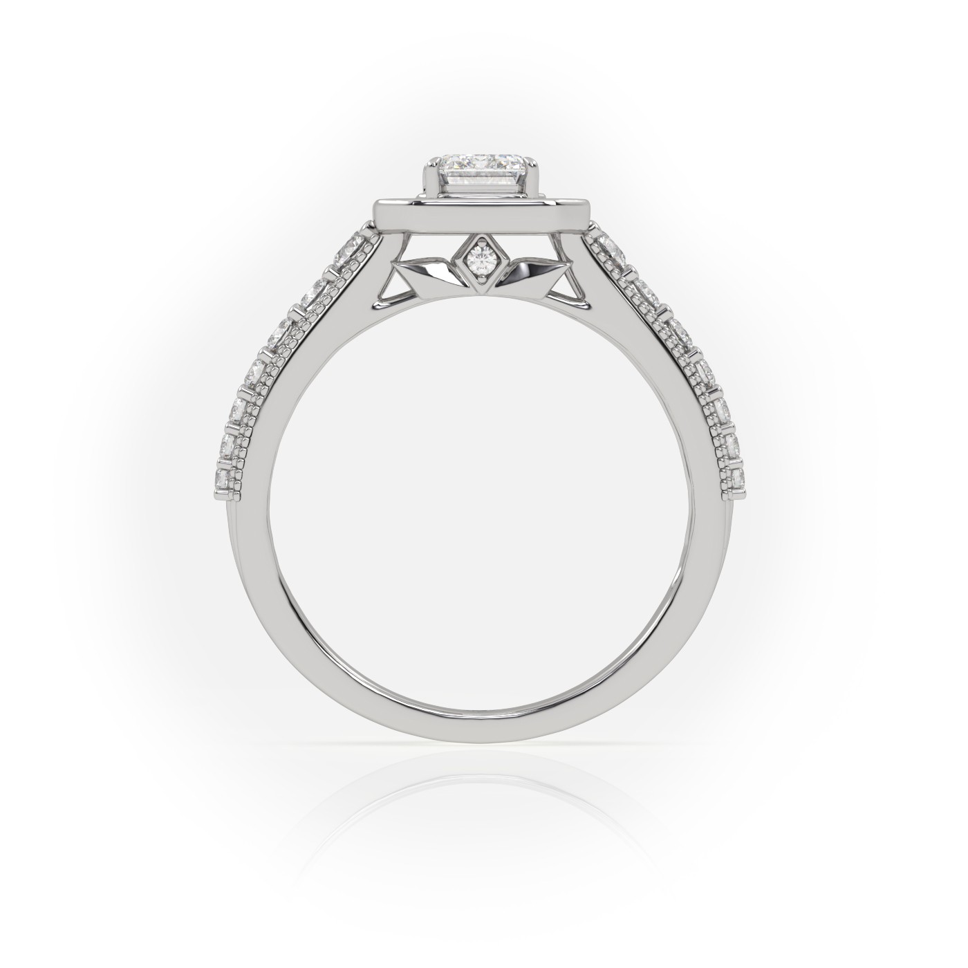 10K WHITE GOLD EMERALD CUT 4 PRONGS MILGRAIN SET DESIGNER ENGAGEMENT RING