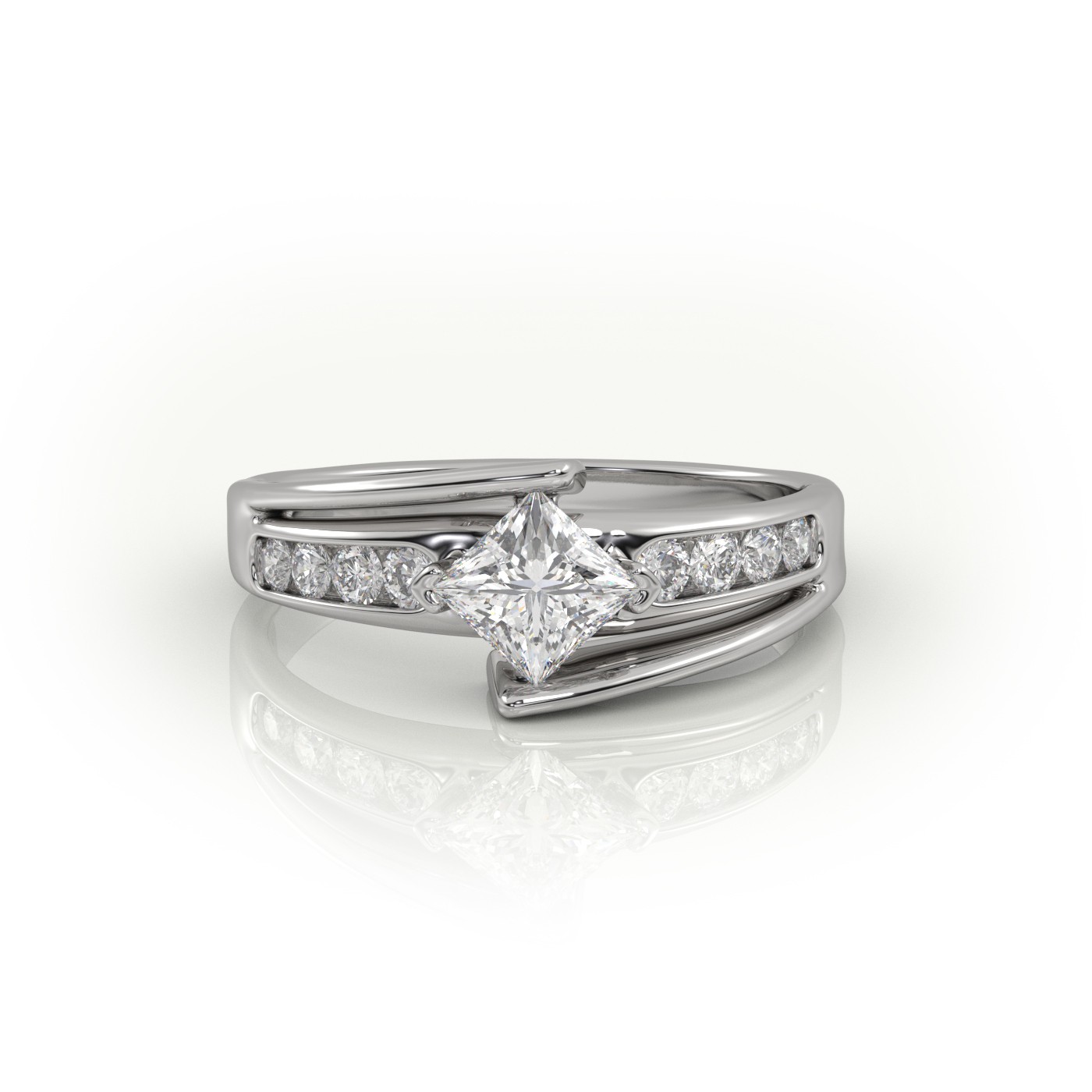 10K WHITE GOLD PRINCESS CUT 2 PRONGS DESIGNER ENGAGEMENT RING