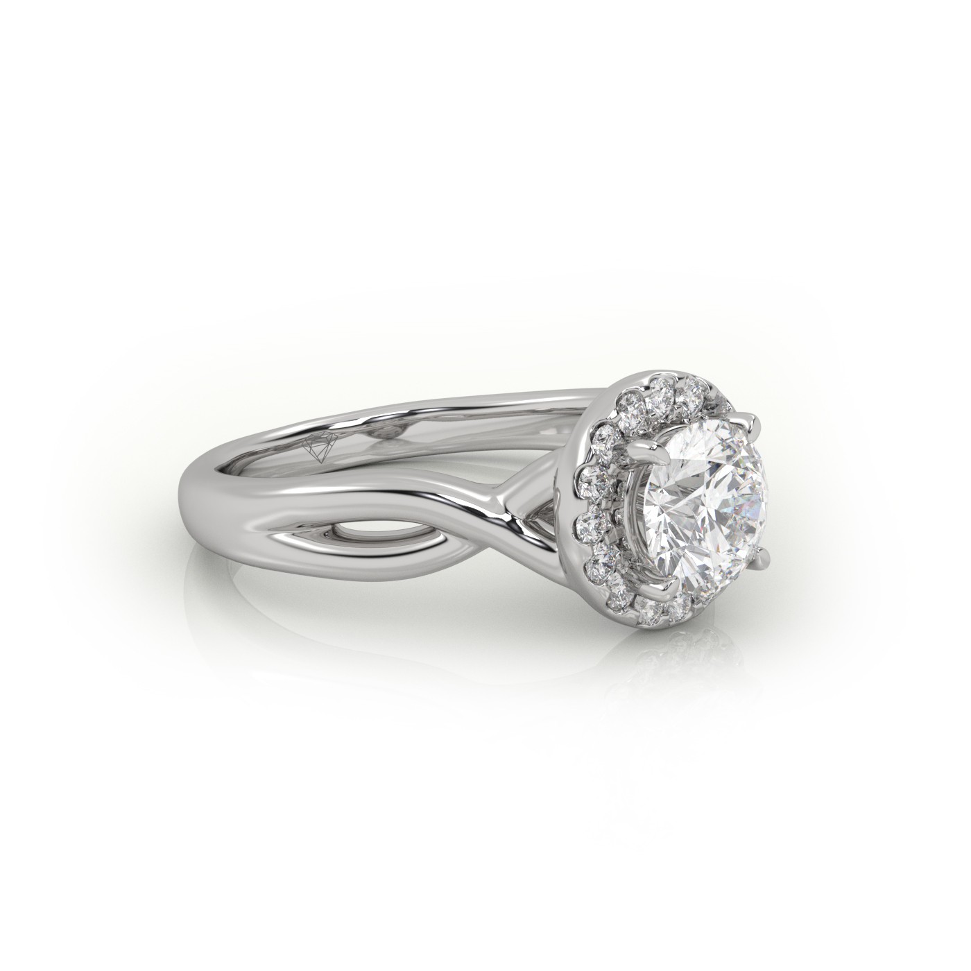 10K WHITE GOLD ROUND CUT 4 PRONGS HALO TWISTED DESIGNER ENGAGEMENT RING