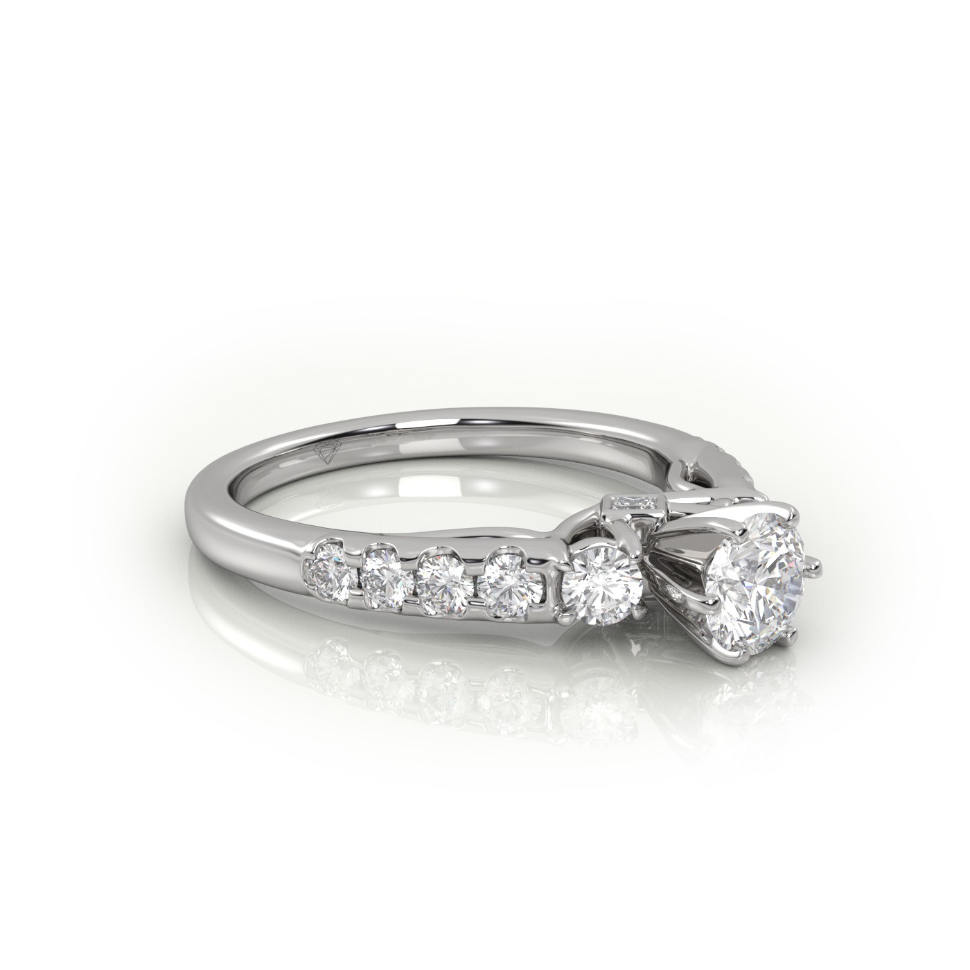 10K WHITE GOLD ROUND CUT 6 PRONGS SIDE STONE SCALLOP SET ENGAGEMENT RING