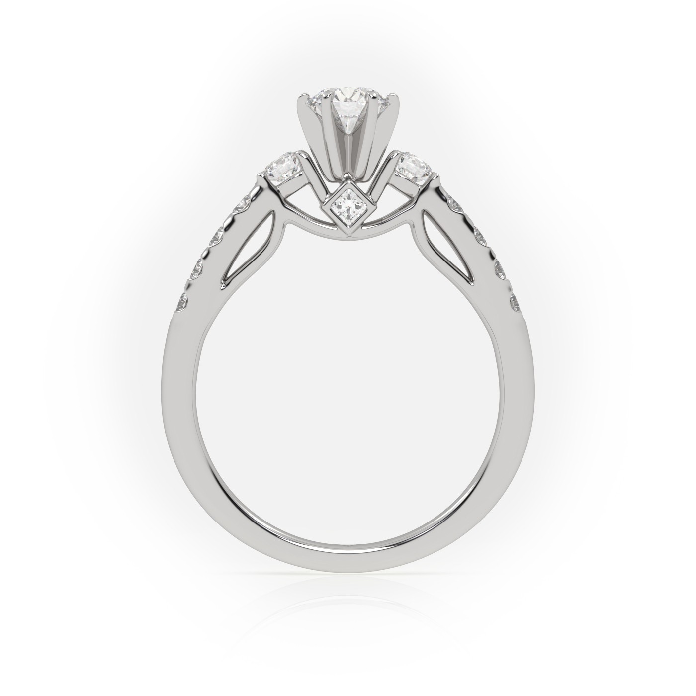 10K WHITE GOLD ROUND CUT 6 PRONGS SIDE STONE SCALLOP SET ENGAGEMENT RING