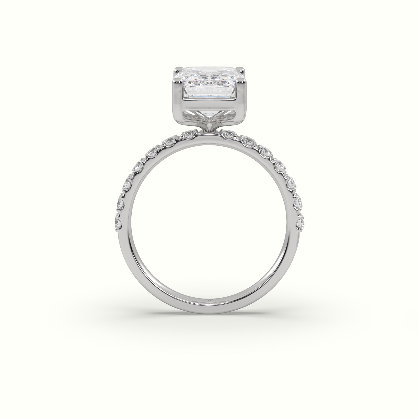 10K WHITE GOLD Emerald Cut Diamond Engagement Ring with Pave Band