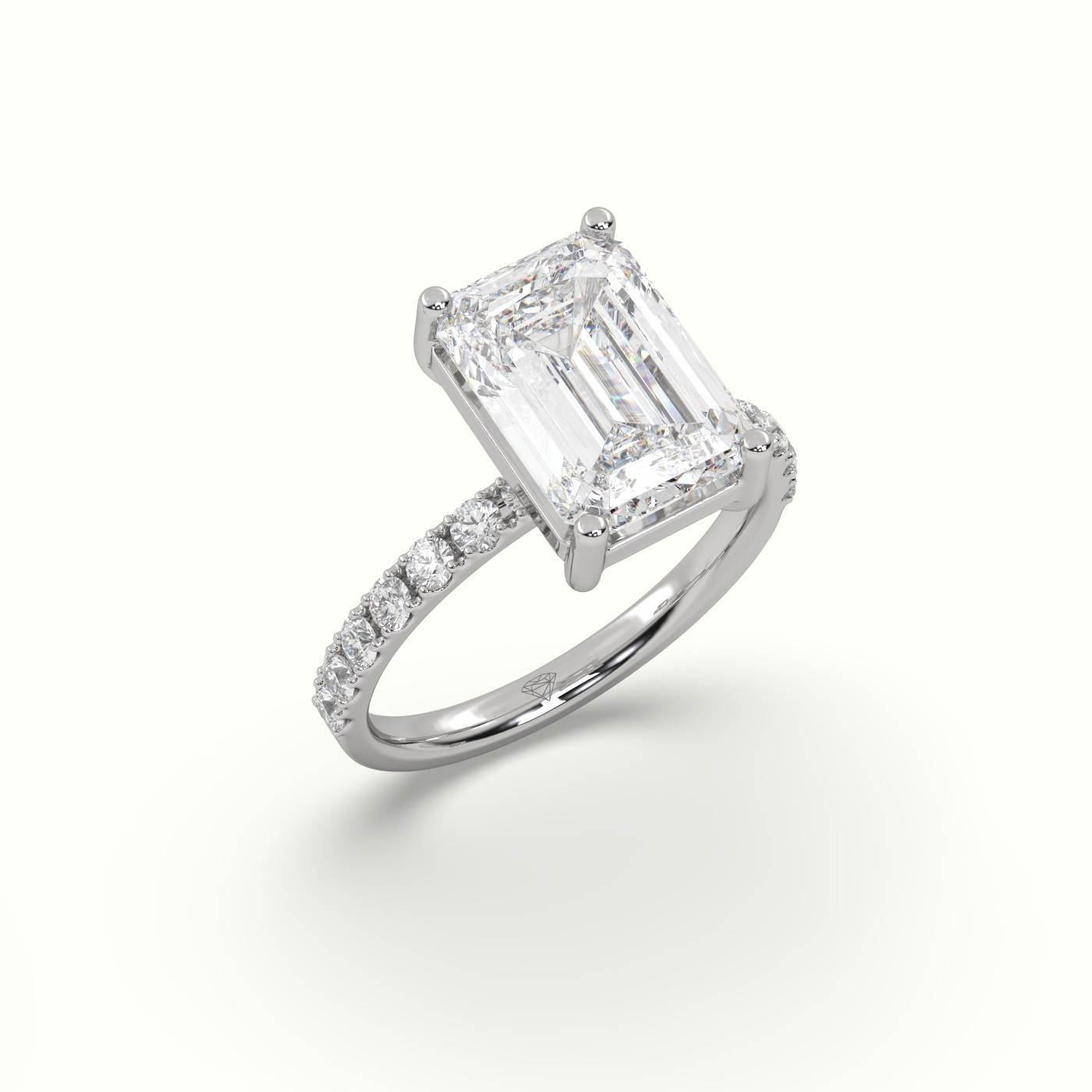10K WHITE GOLD Emerald Cut Diamond Engagement Ring with Pave Band