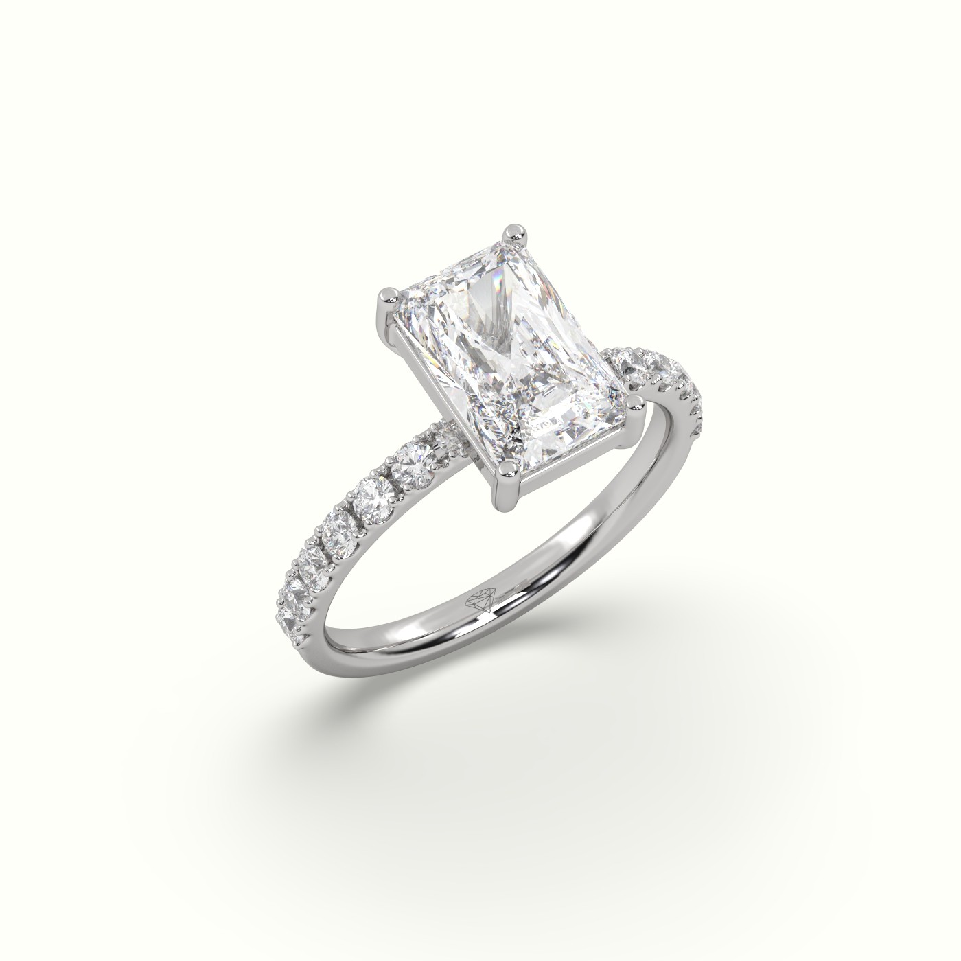 10K White Gold Radiant Diamond 4 prongs Ring with Pave Accents