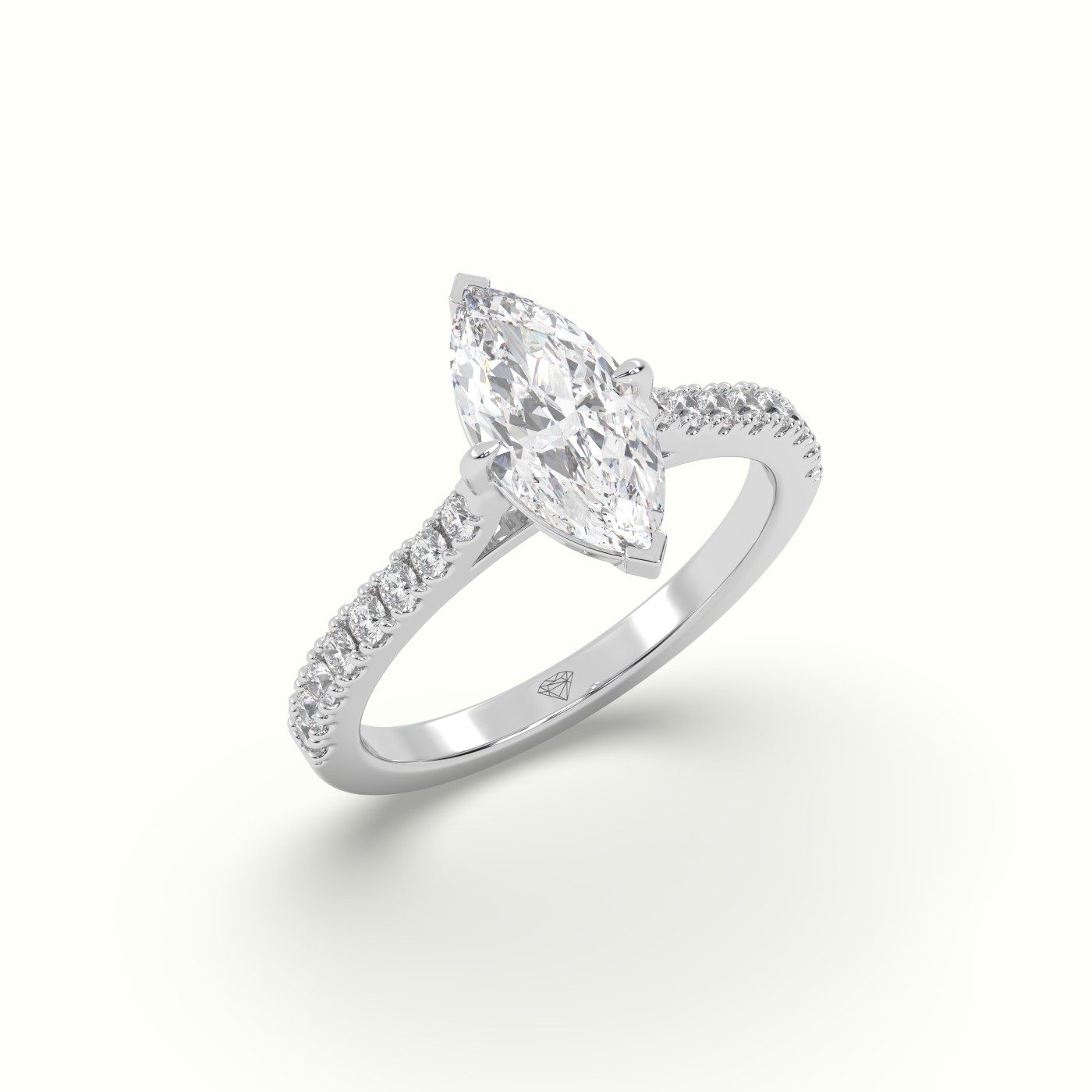10K White Gold Pavé Marquise Diamond Engagement Ring with Side Stones