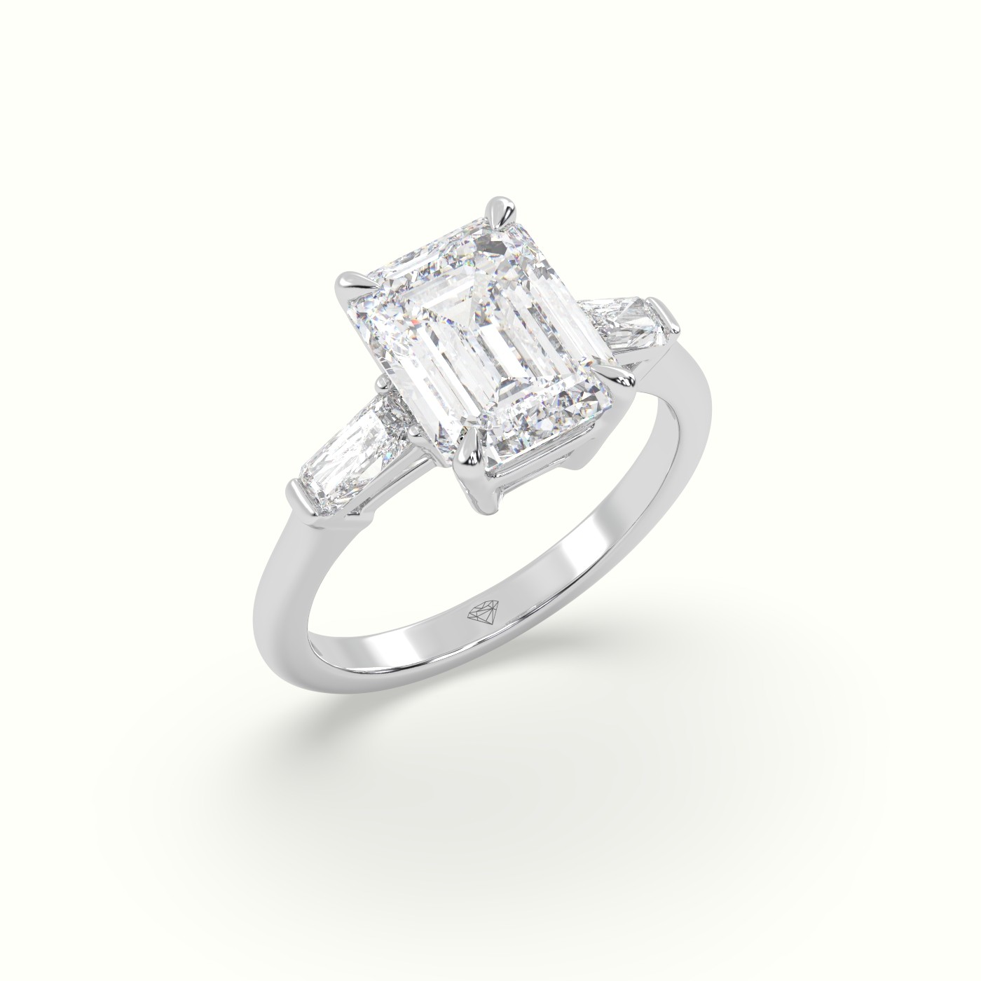 10K White Gold Emerald & Radiant Cut Diamond Trilogy Engagement Ring