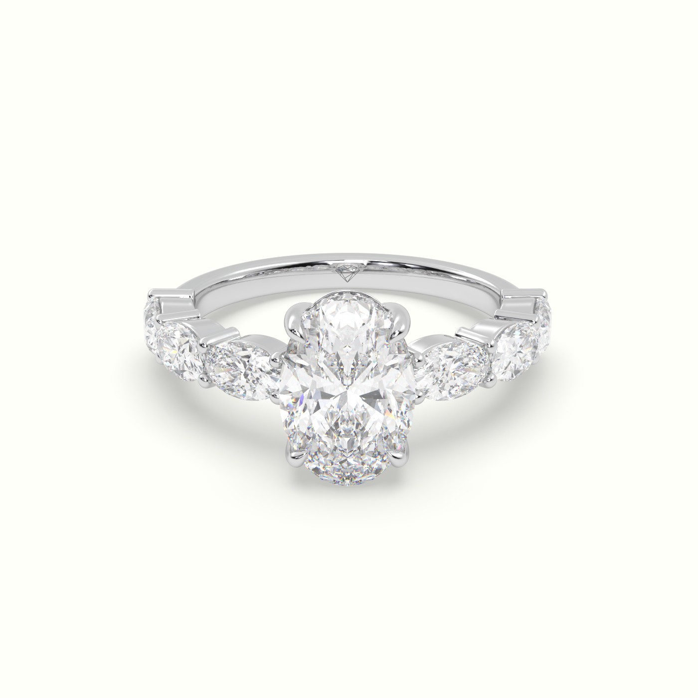 10K White Gold Oval Diamond Engagement Ring with Side Ovals