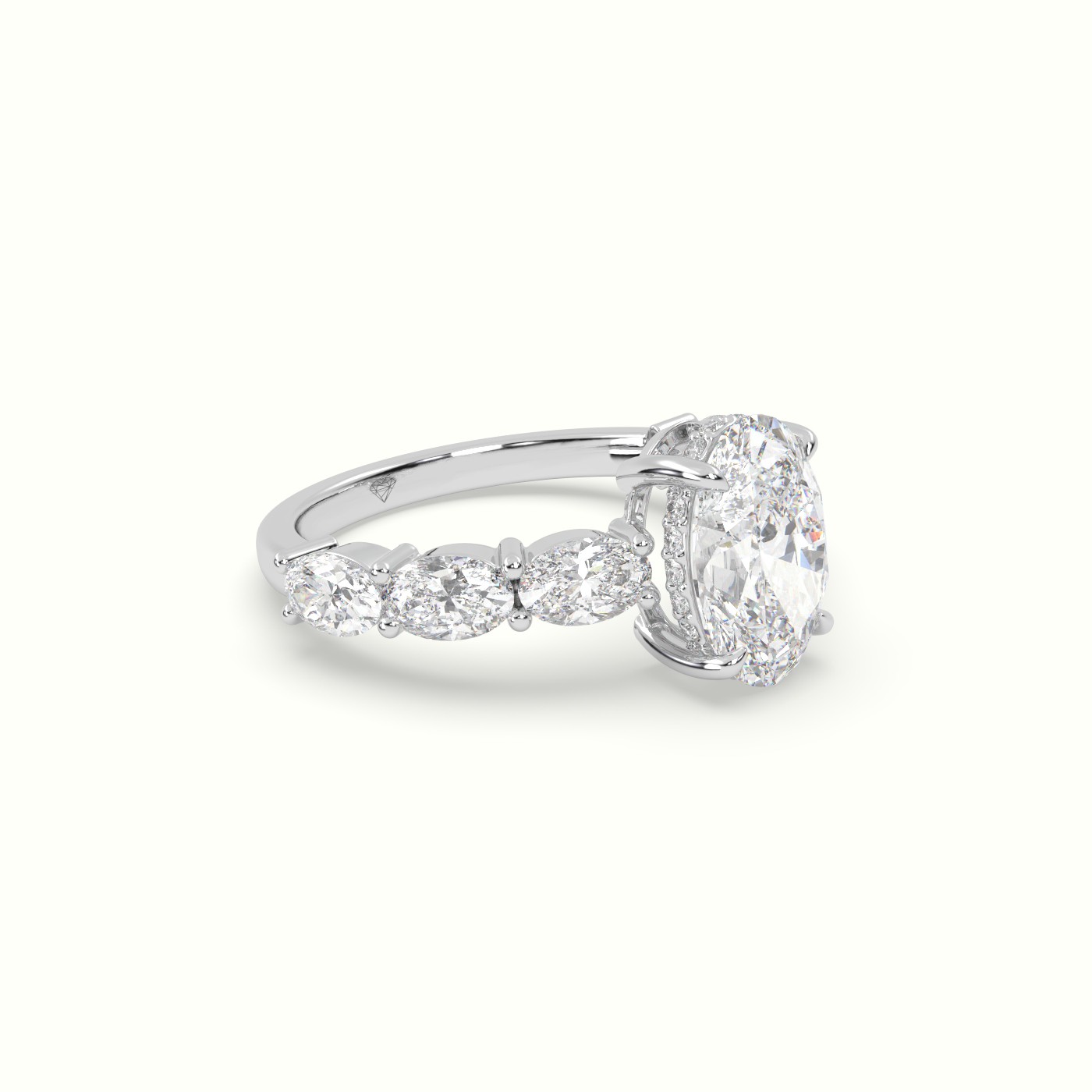 10K White Gold Oval Diamond Engagement Ring with Side Ovals