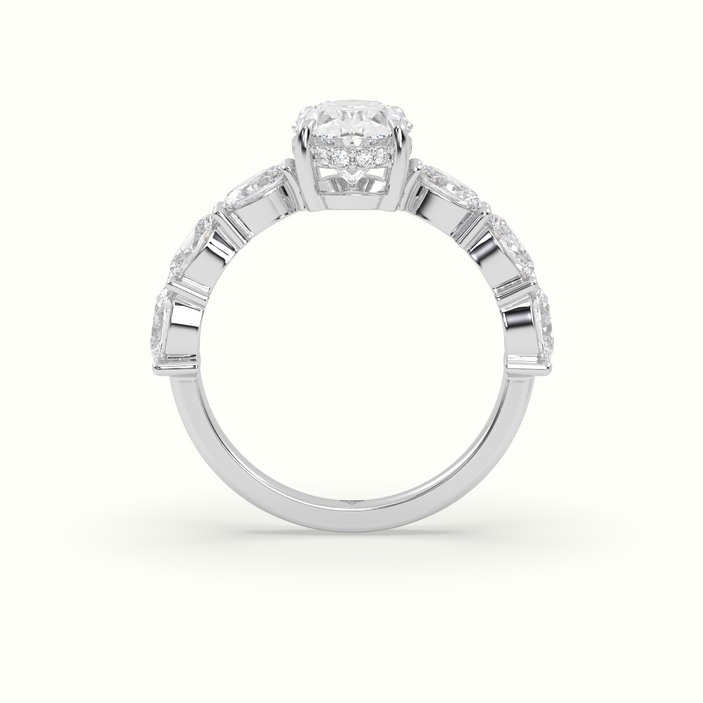10K White Gold Oval Diamond Engagement Ring with Side Ovals