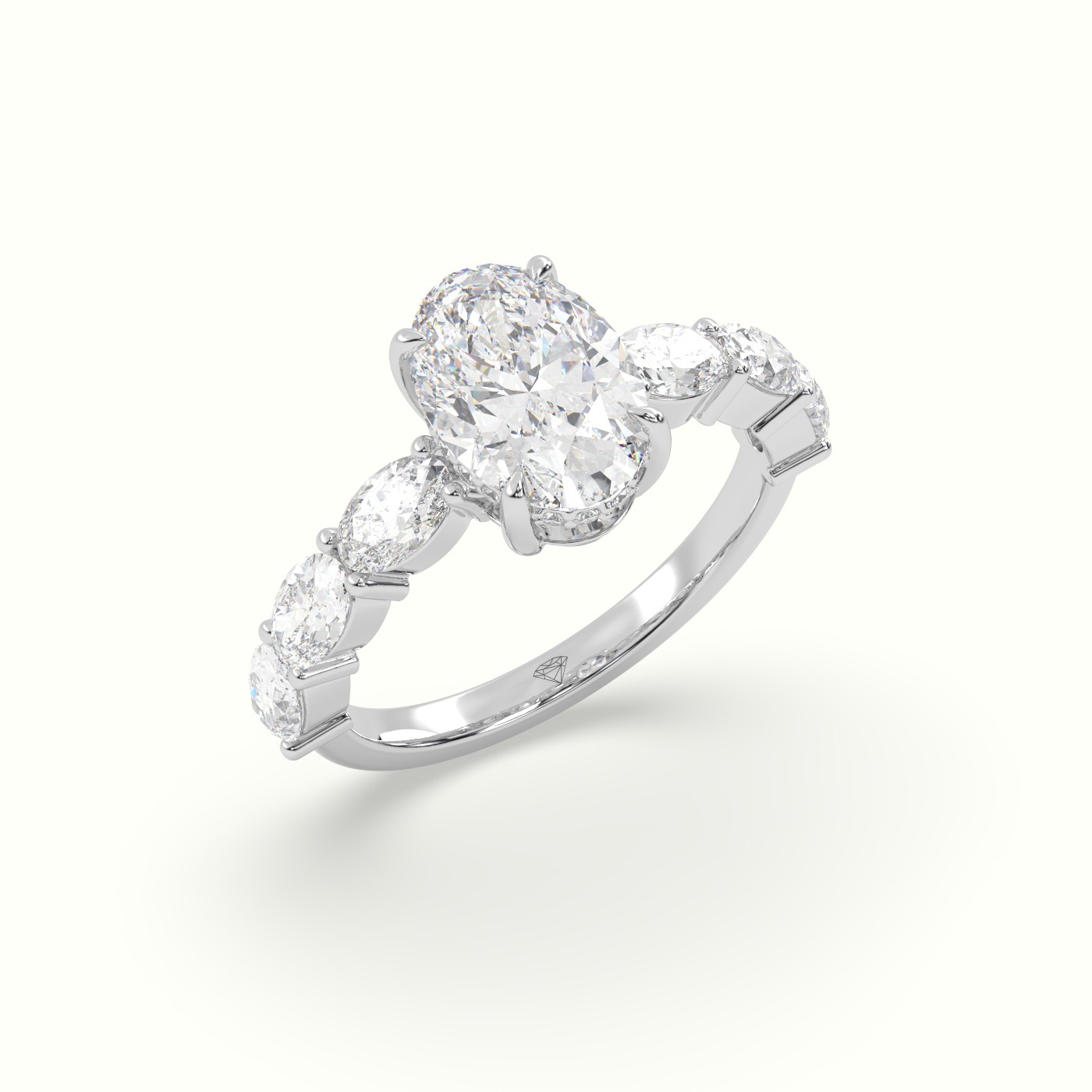 10K White Gold Oval Diamond Engagement Ring with Side Ovals