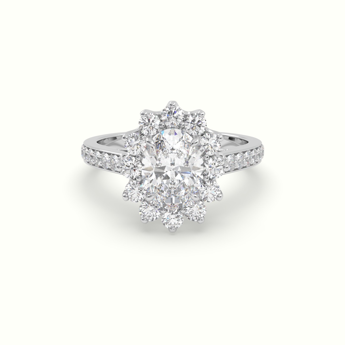10K White Gold Oval Cut Diamond Halo Engagement Ring with Pavé-Set Diamond Band