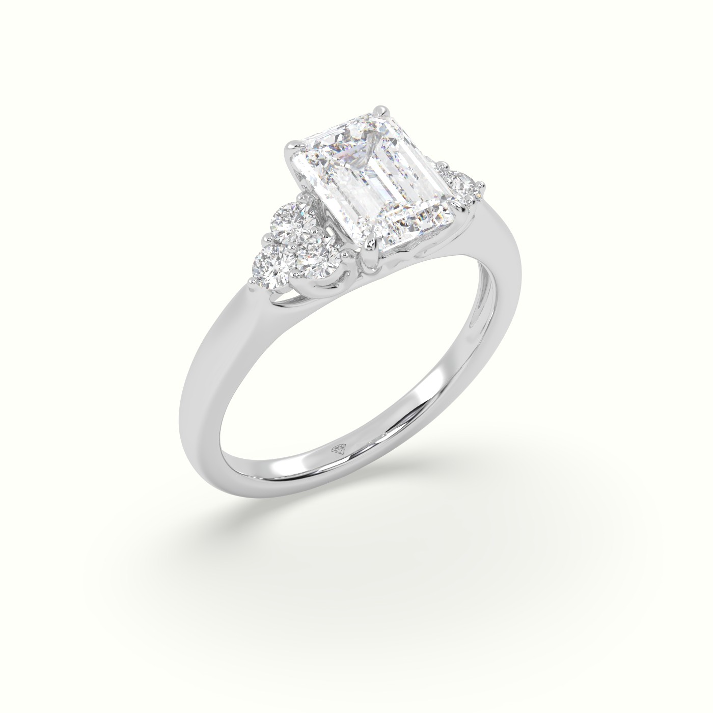 10K White Gold Emerald Cut Diamond Side Stone Engagement Ring