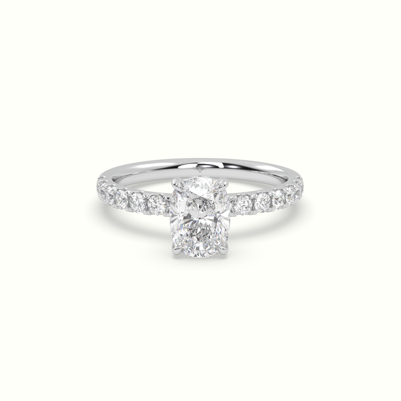 10K White Gold Cushion Cut Hidden Halo Side Stone Engagement Ring