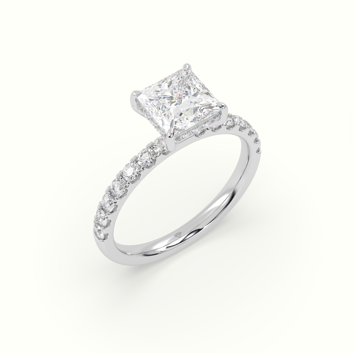 10K White Gold Princess Cut Hidden Halo Side Stone Engagement Ring