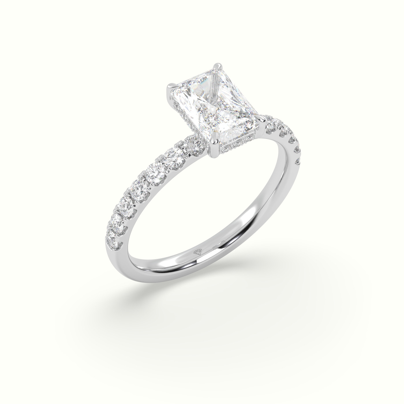 10K White Gold Radiant Cut Hidden Halo Side Stone Engagement Ring