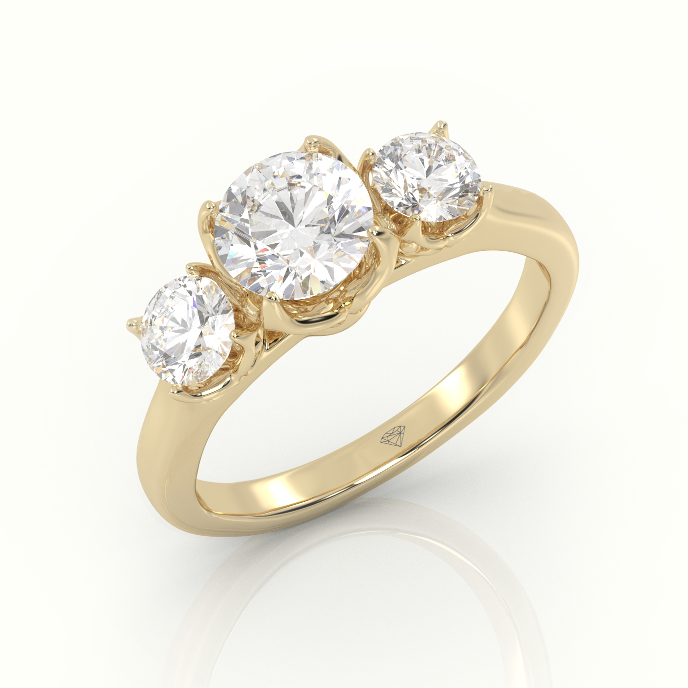 10K YELLOW GOLD ROUND-CUT DIAMOND 4 PRONGS SIDE STONE ENGAGEMENT RING