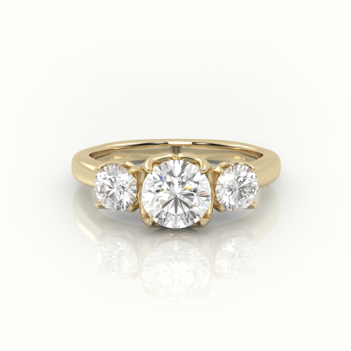 10K YELLOW GOLD ROUND-CUT DIAMOND 4 PRONGS SIDE STONE ENGAGEMENT RING