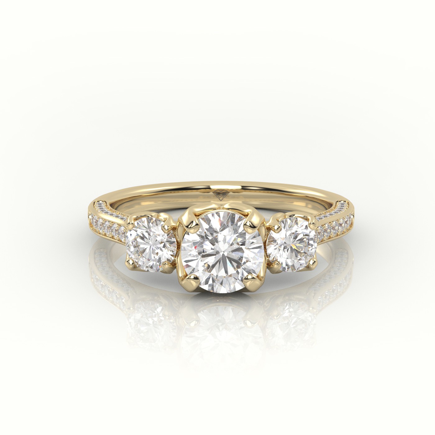 10K YELLOW GOLD ROUND-CUT DIAMOND SIDE STONE PAVE SETTING ENGAGEMENT RING
