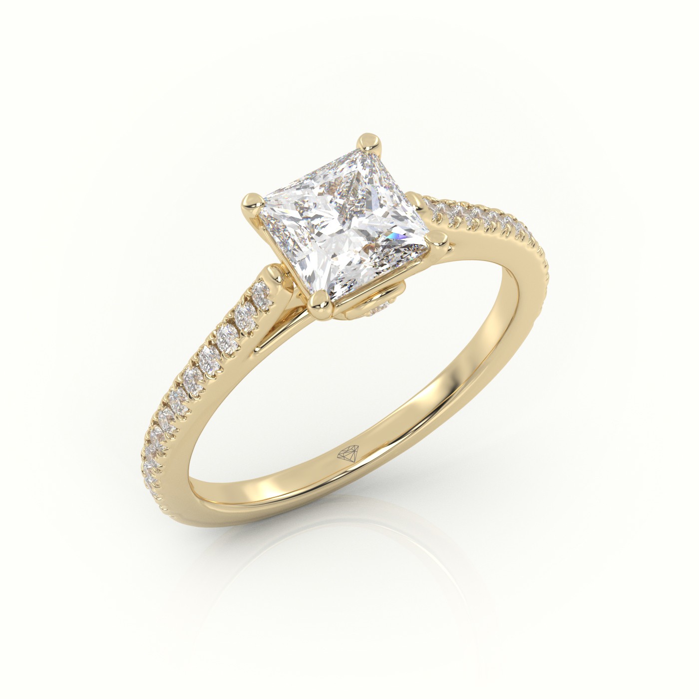 10K YELLOW GOLD PRINCESS CUT DIAMOND 4 PRONGS PAVE SETTING ENGAGEMENT RING