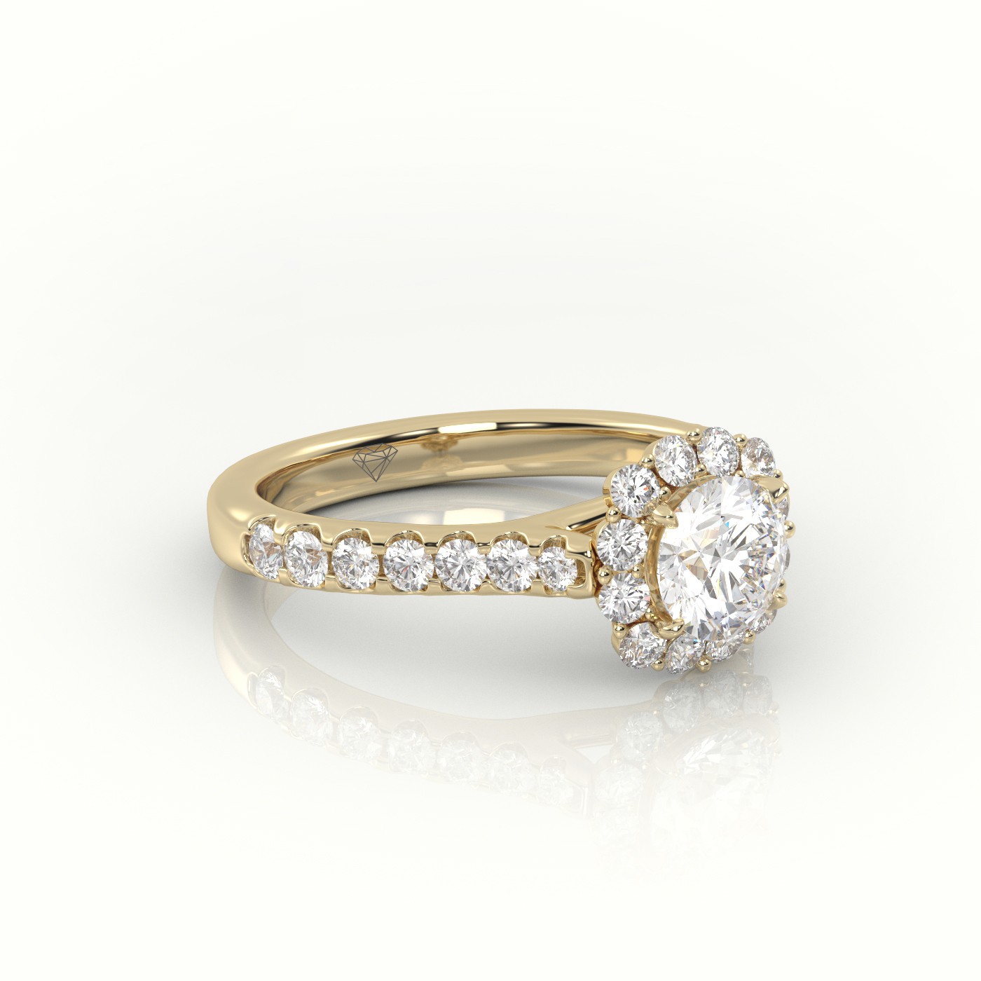 10K YELLOW GOLD ROUND-CUT DIAMOND 4 PRONGS HALO SCALLOP SETTING ENGAGEMENT RING