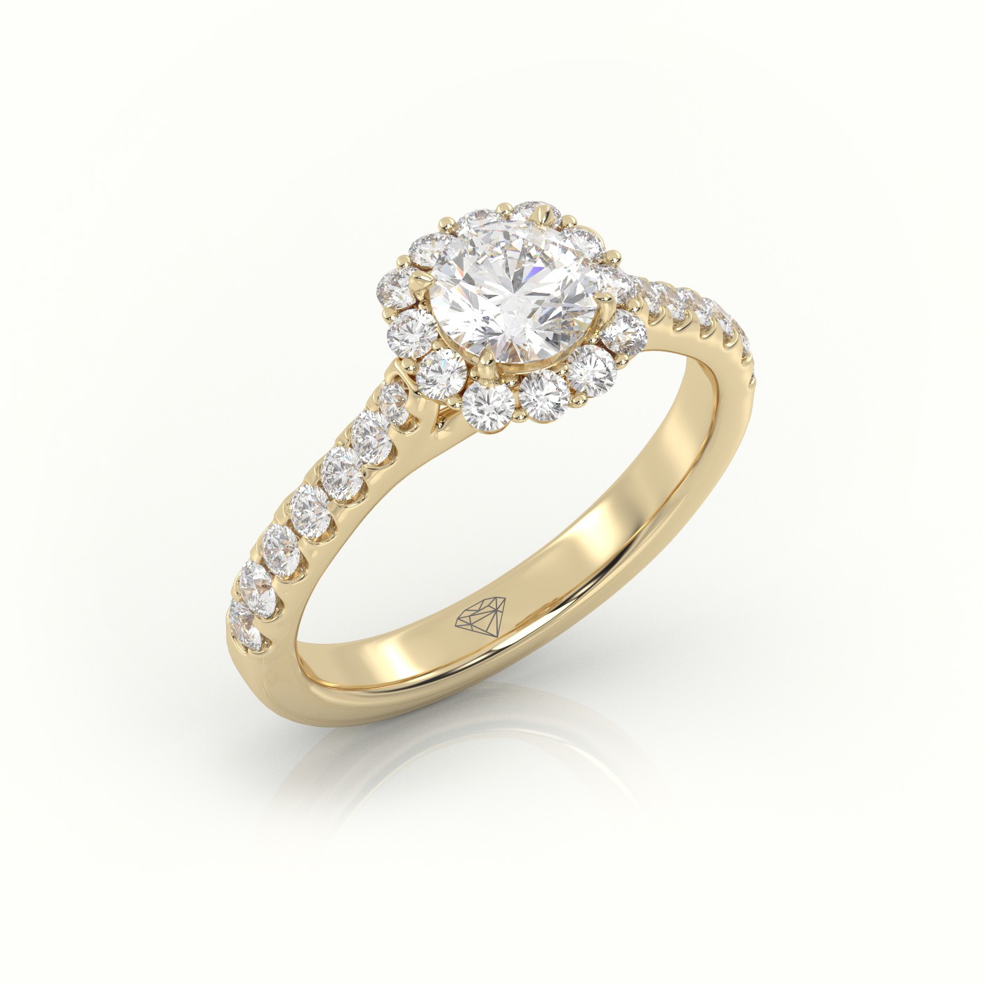 10K YELLOW GOLD ROUND-CUT DIAMOND 4 PRONGS HALO SCALLOP SETTING ENGAGEMENT RING