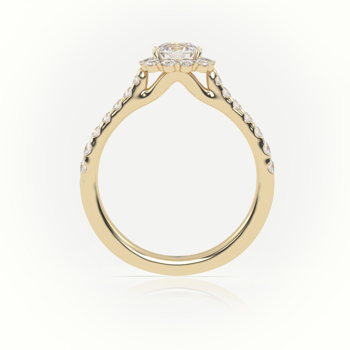 10K YELLOW GOLD ROUND-CUT DIAMOND 4 PRONGS HALO SCALLOP SETTING ENGAGEMENT RING