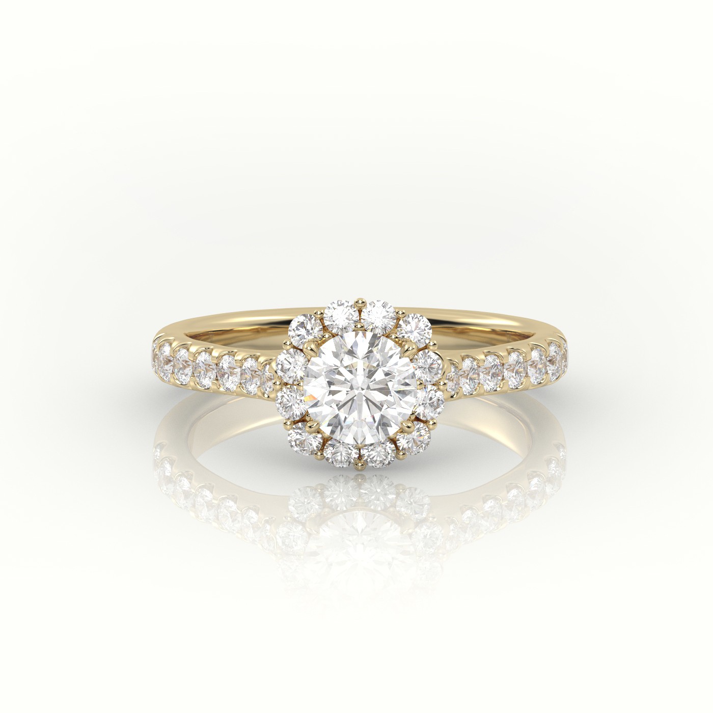 10K YELLOW GOLD ROUND-CUT DIAMOND 4 PRONGS HALO SCALLOP SETTING ENGAGEMENT RING