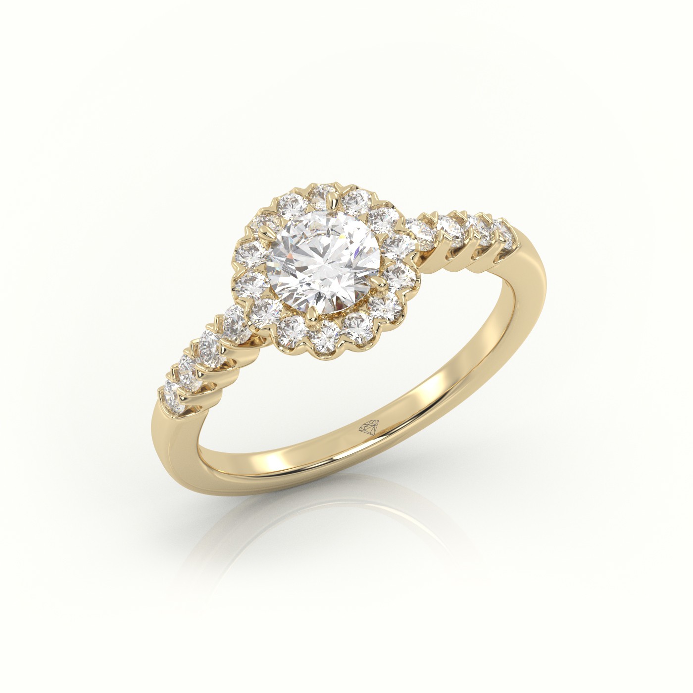 10K YELLOW GOLD ROUND CUT DIAMOND 4 PRONGS FLORAL HALO SCALLOP SETTING ENGAGEMENT RING