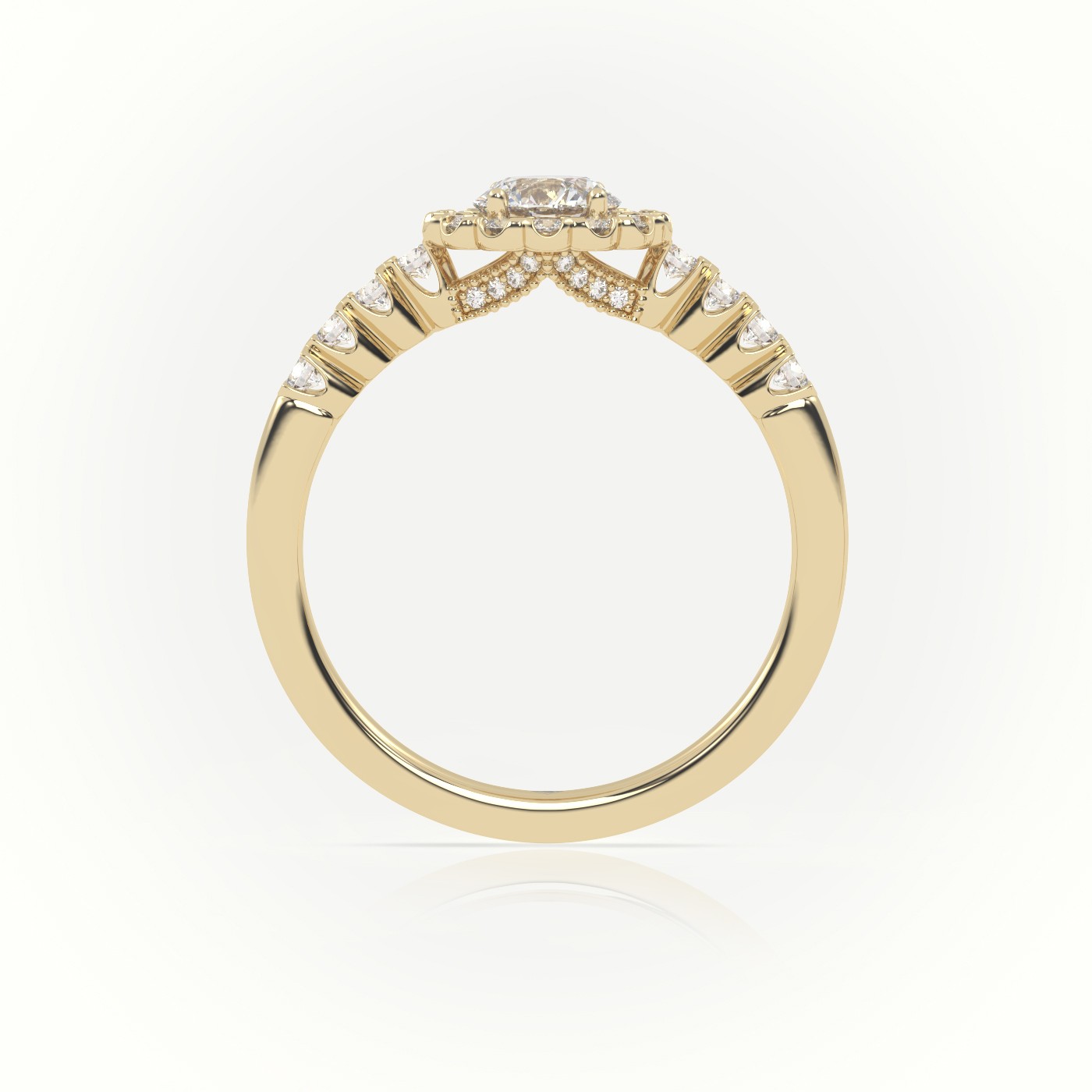 10K YELLOW GOLD ROUND CUT DIAMOND 4 PRONGS FLORAL HALO SCALLOP SETTING ENGAGEMENT RING