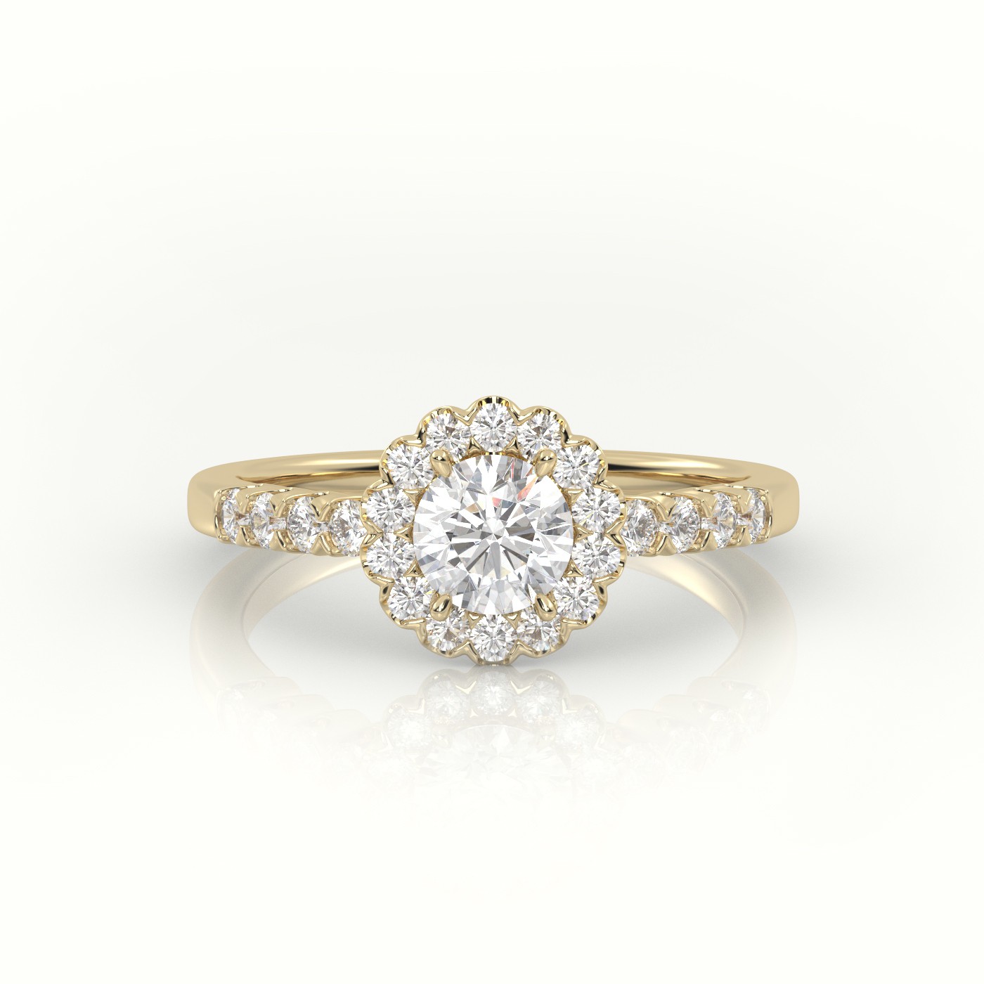 10K YELLOW GOLD ROUND CUT DIAMOND 4 PRONGS FLORAL HALO SCALLOP SETTING ENGAGEMENT RING